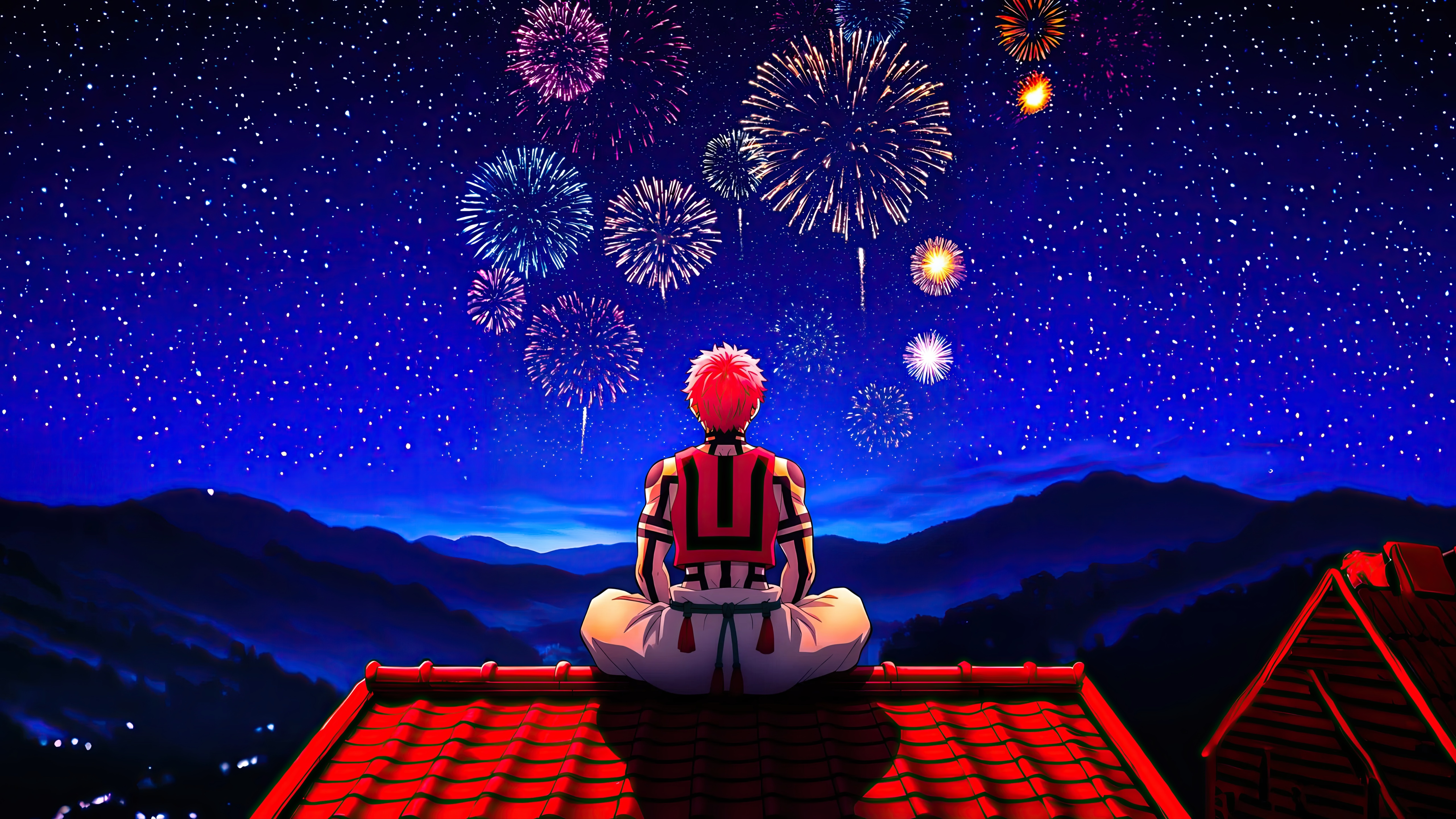Akaza watches fireworks on a rooftop HD Wallpaper