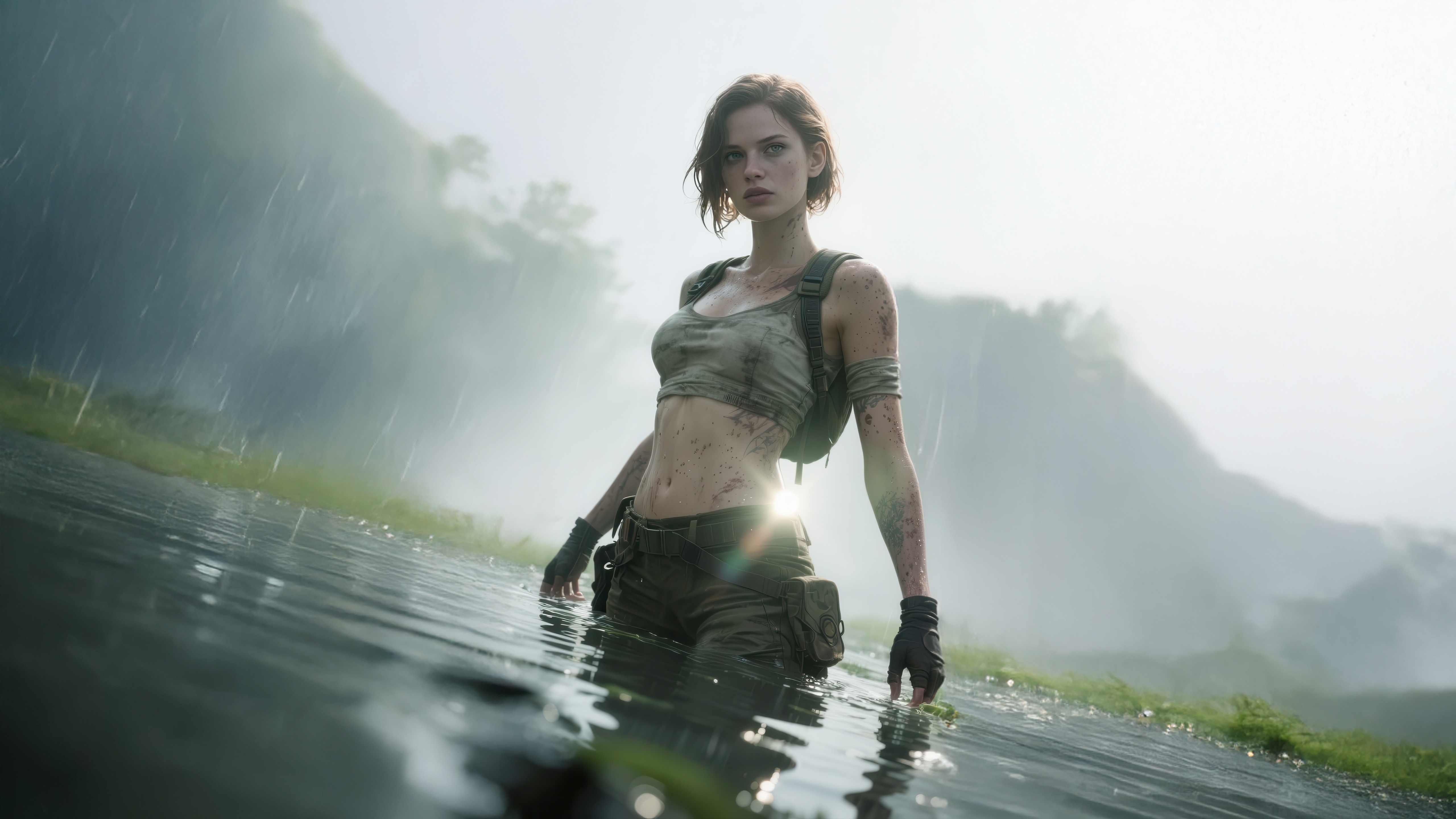 Adventurer Girl in Jungle River During Rain HD Wallpaper