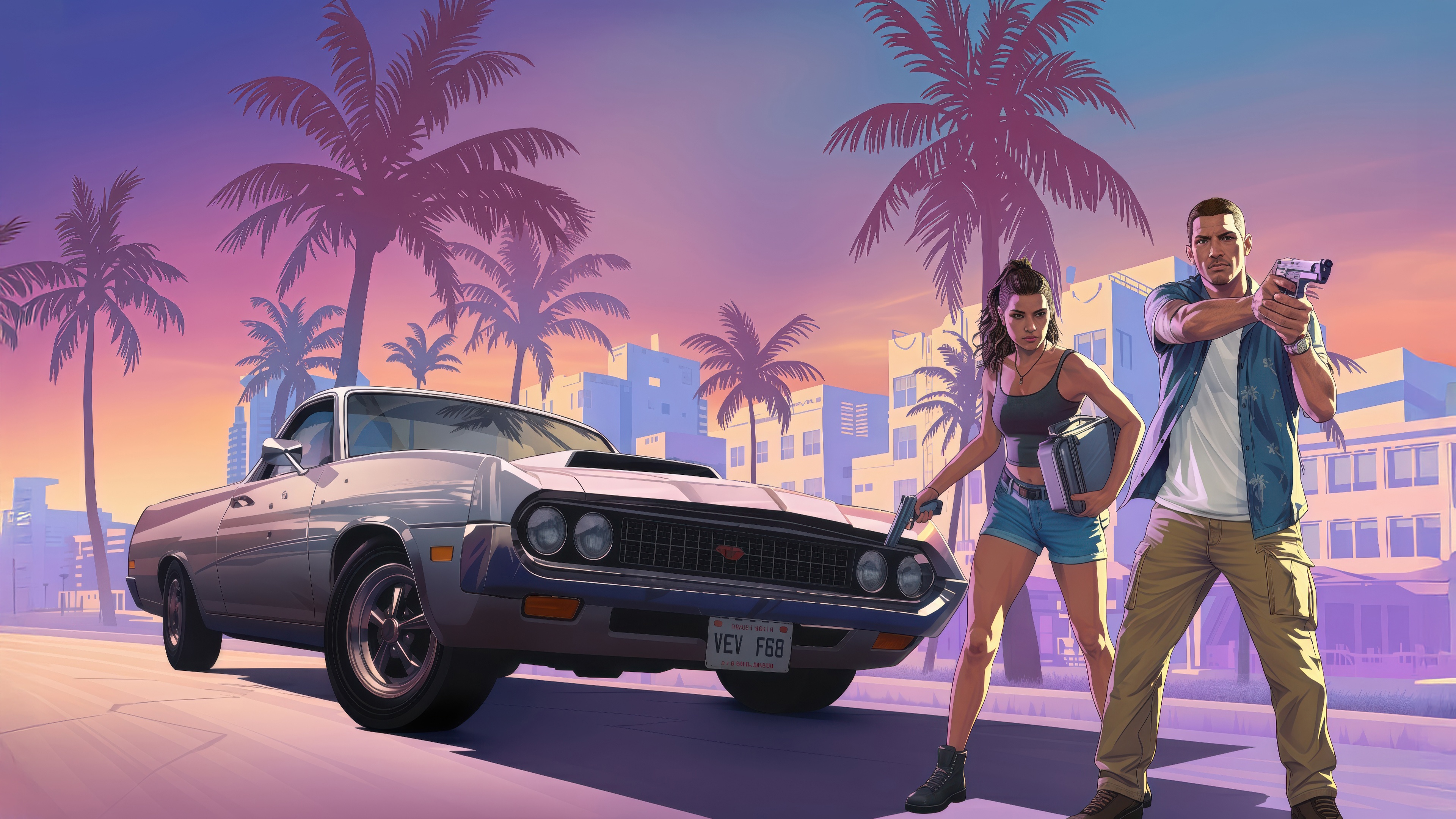 Grand Theft Auto VI characters with car and palm trees HD Wallpaper