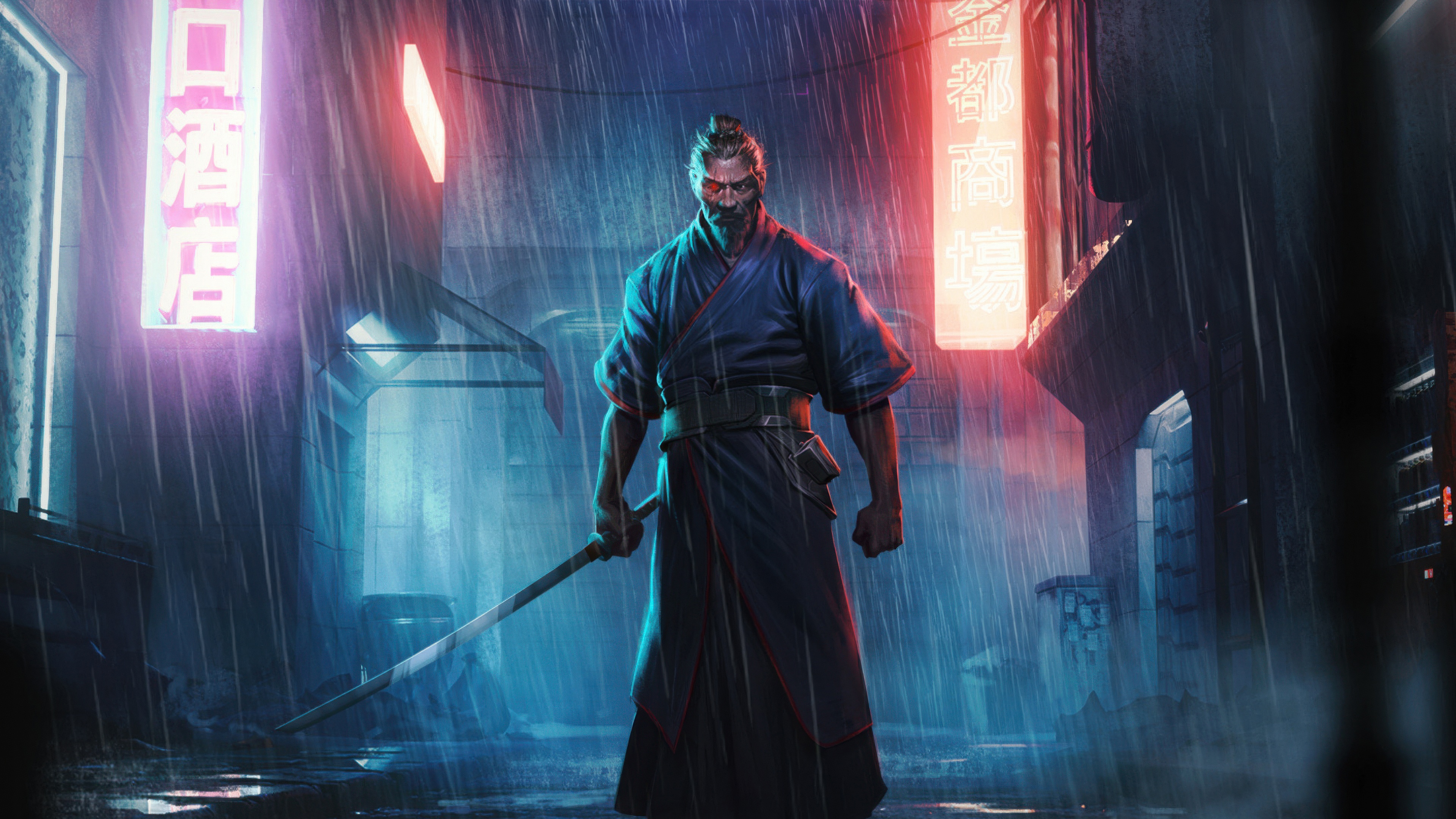 Gokudo Silencer in a rainy neon city HD Wallpaper