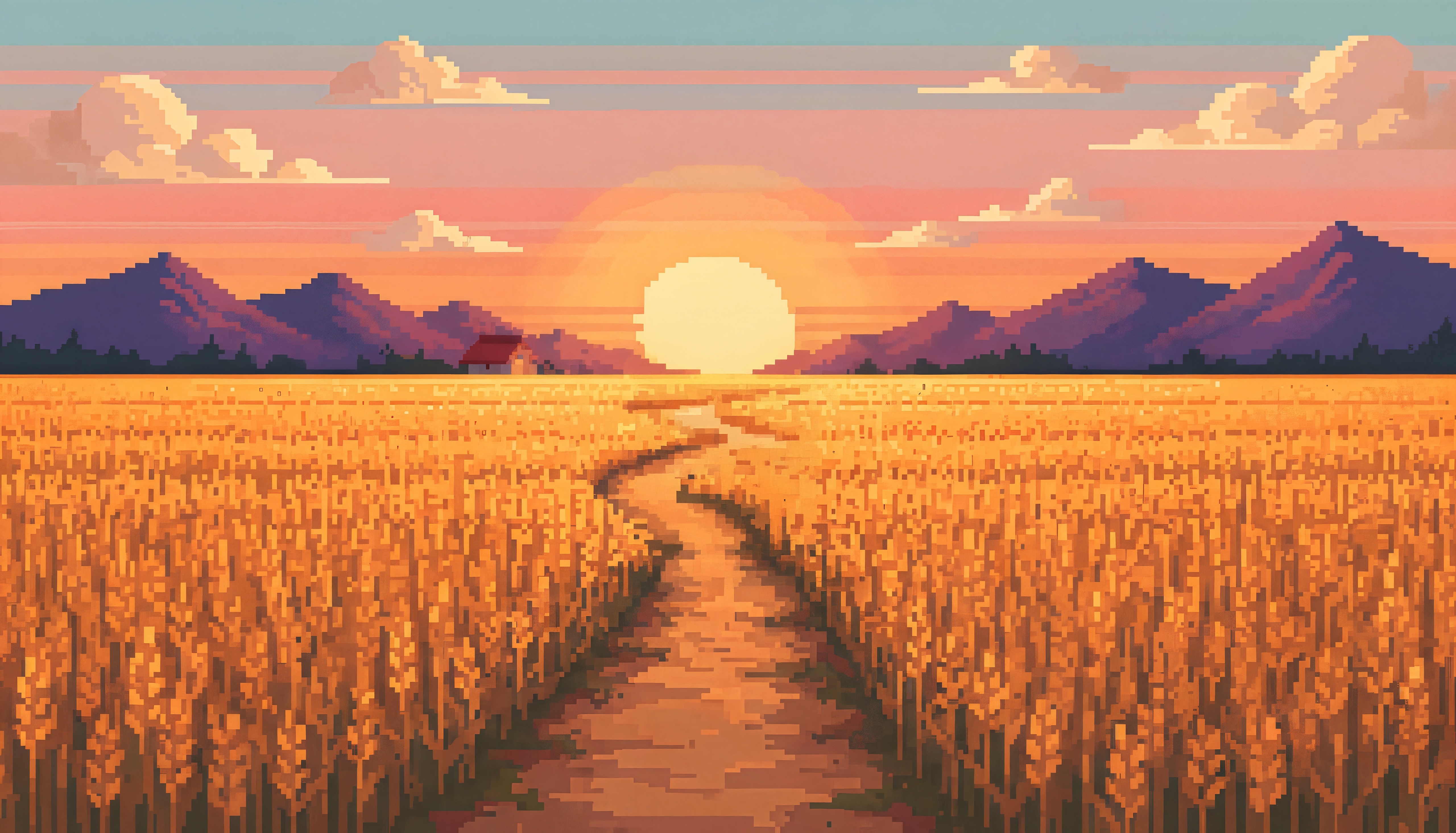 Pixel art wheat field at sunset with mountains HD Wallpaper