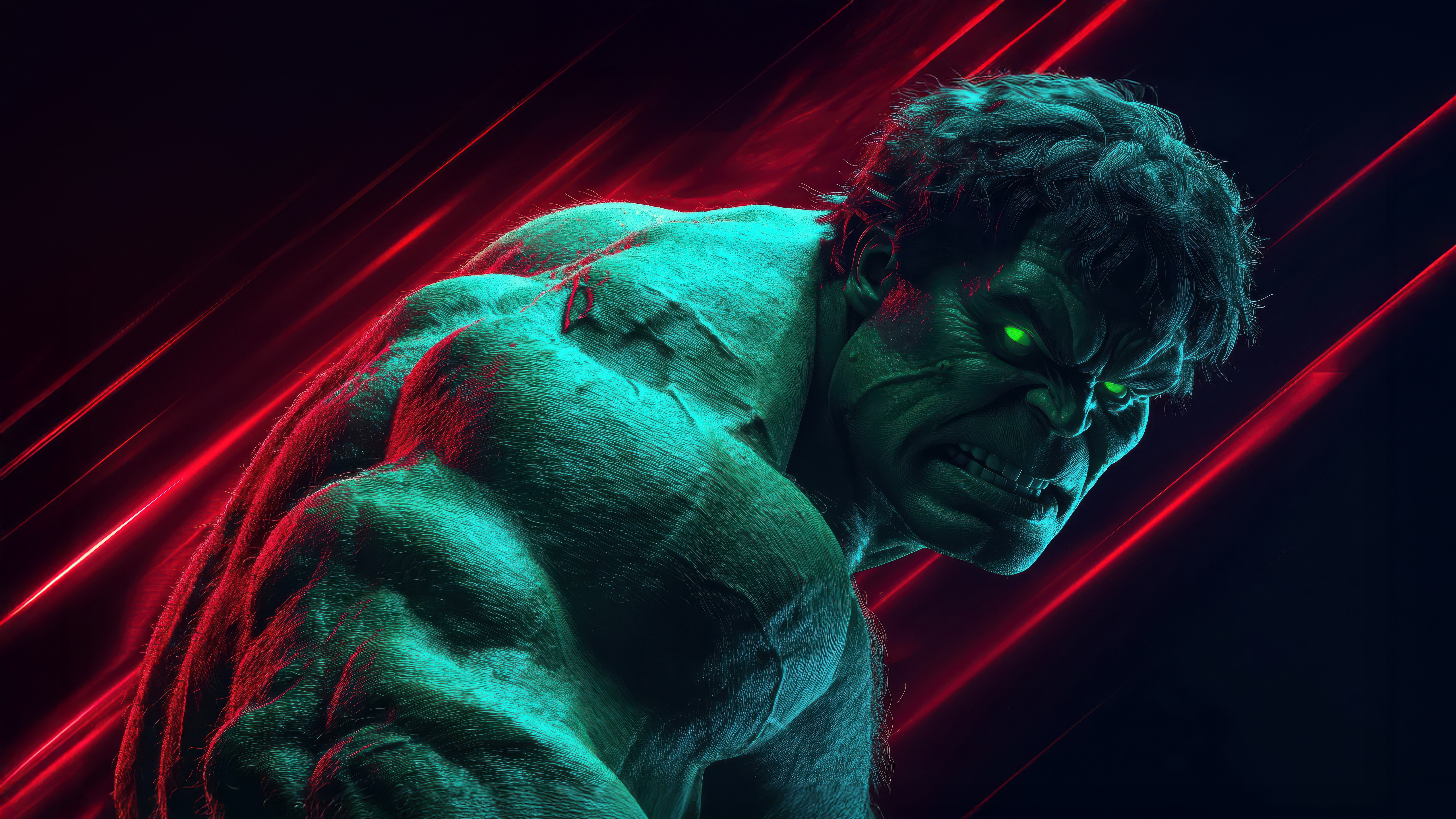 The Hulk with glowing green eyes and red streaks HD Wallpaper