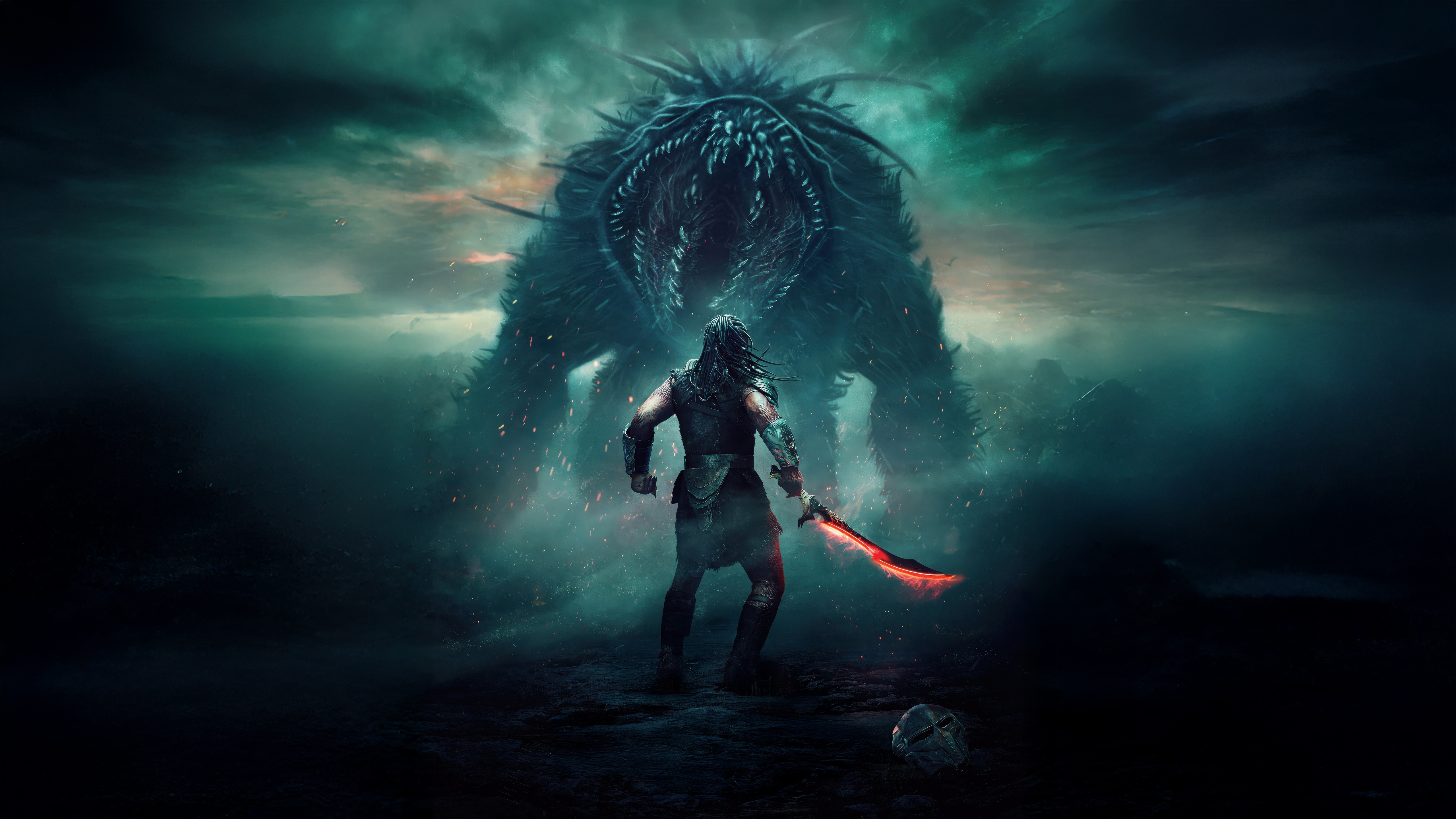 Man with glowing sword faces giant monster HD Wallpaper
