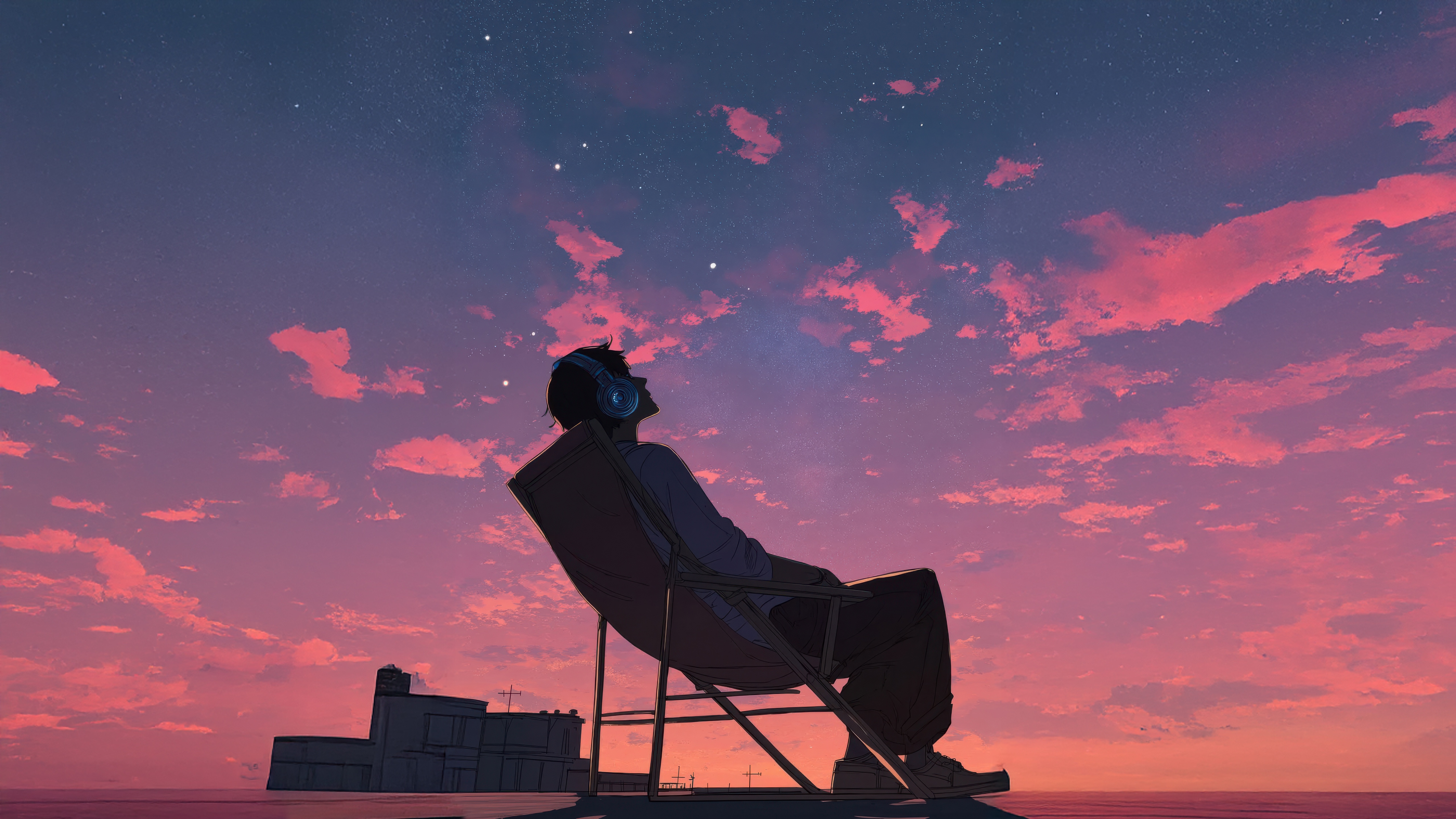 Anime boy with headphones sitting at sunset HD Wallpaper
