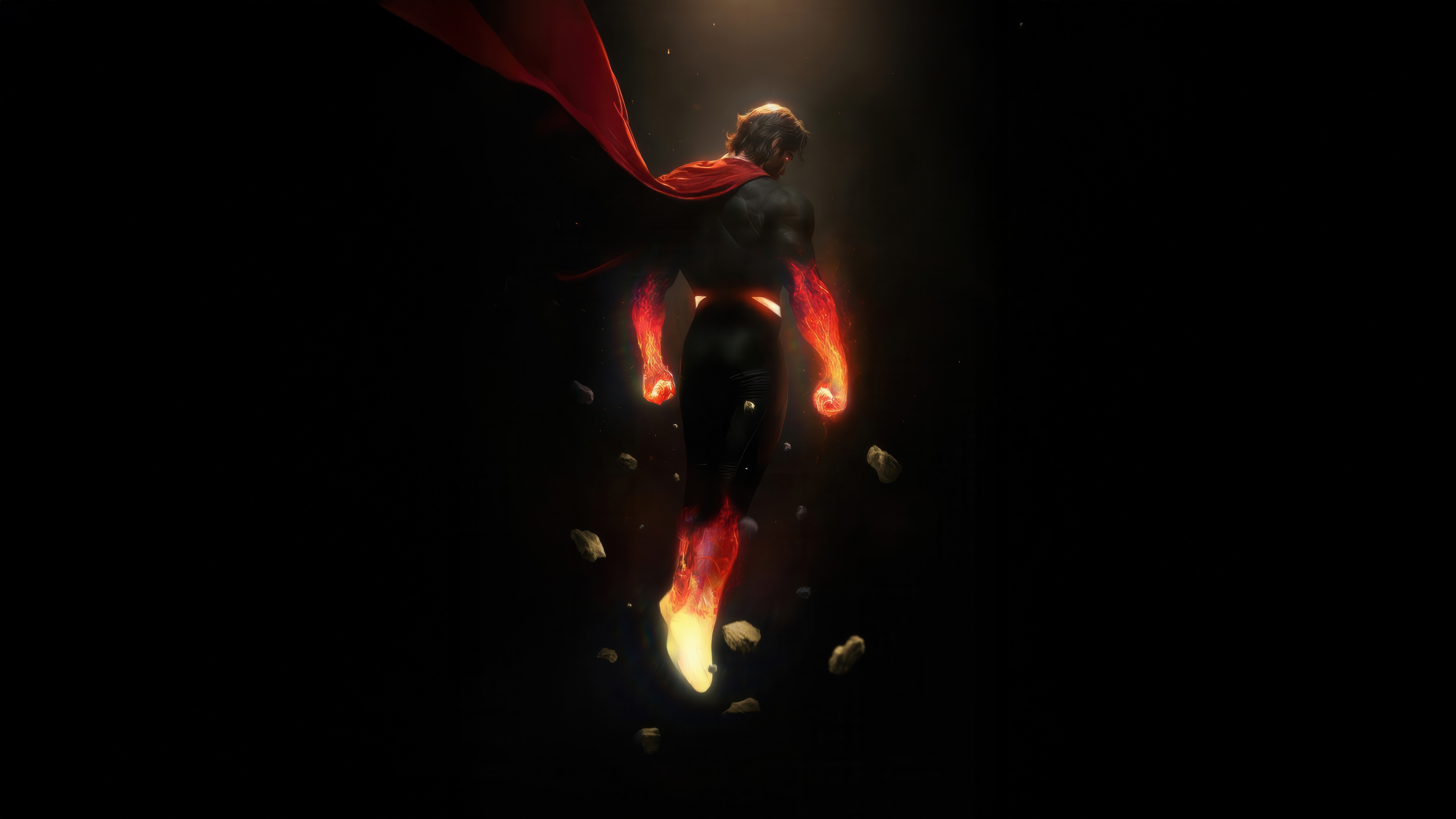 Superman flying with fiery hands and feet HD Wallpaper