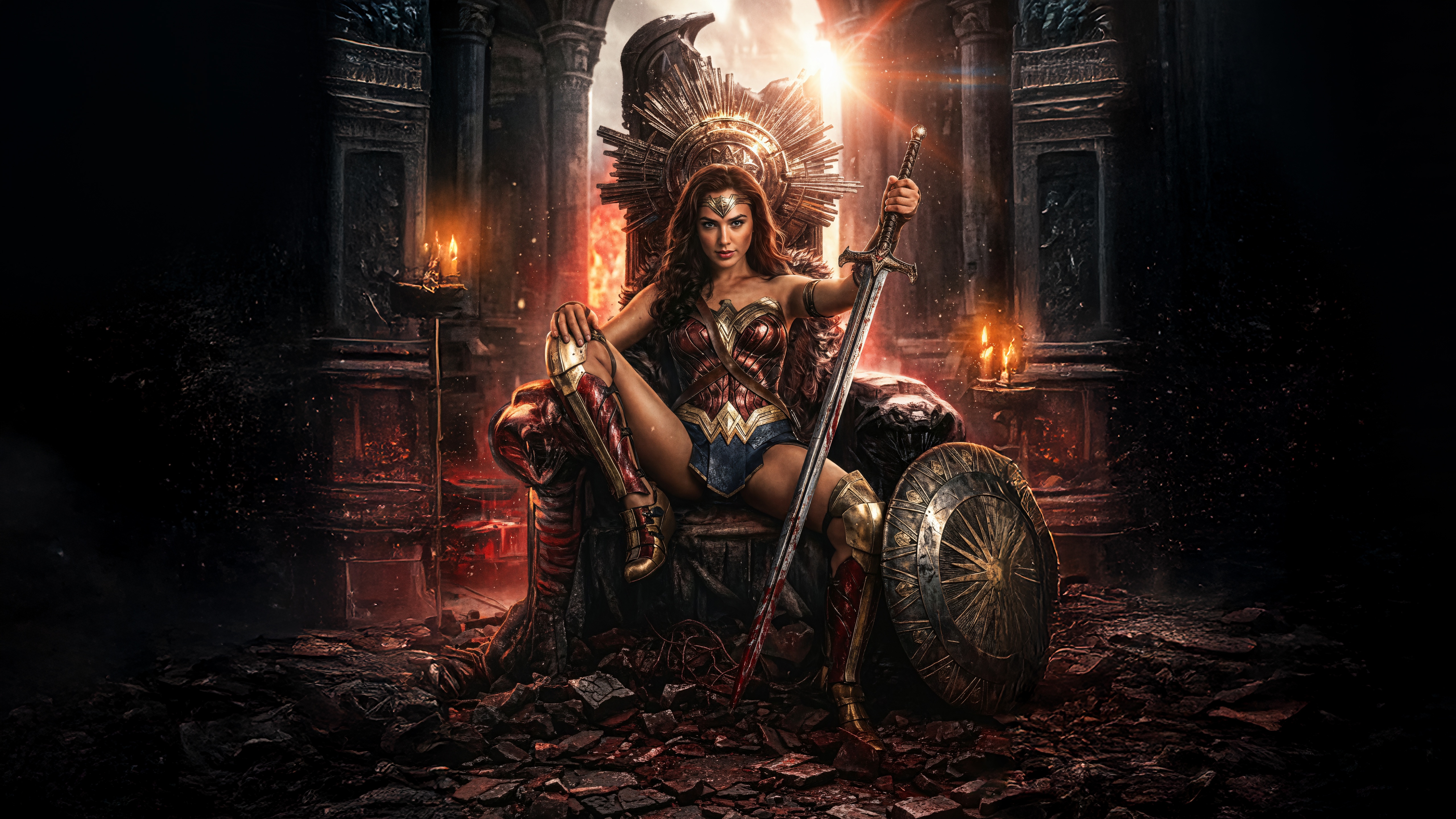 Wonder Woman on a throne with sword and shield HD Wallpaper