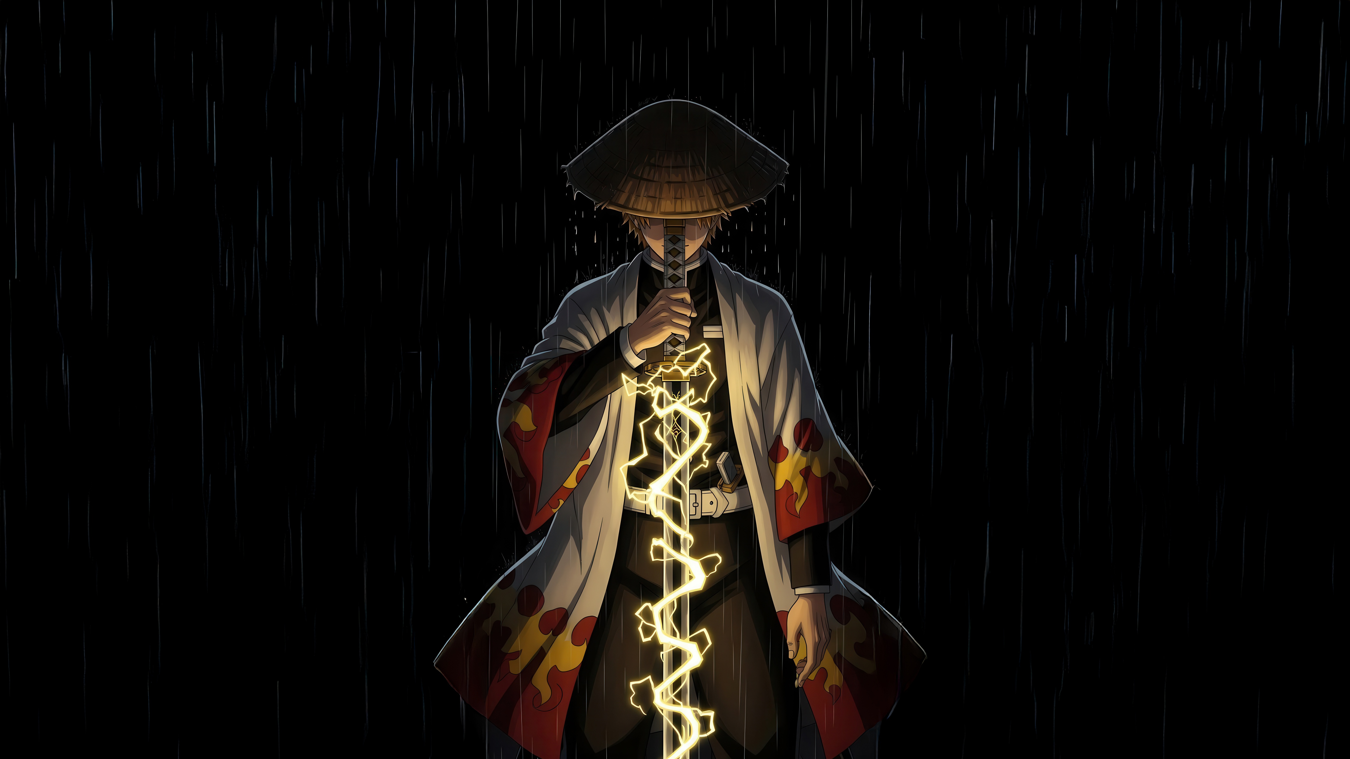 Demon Slayer character with lightning sword in rain HD Wallpaper