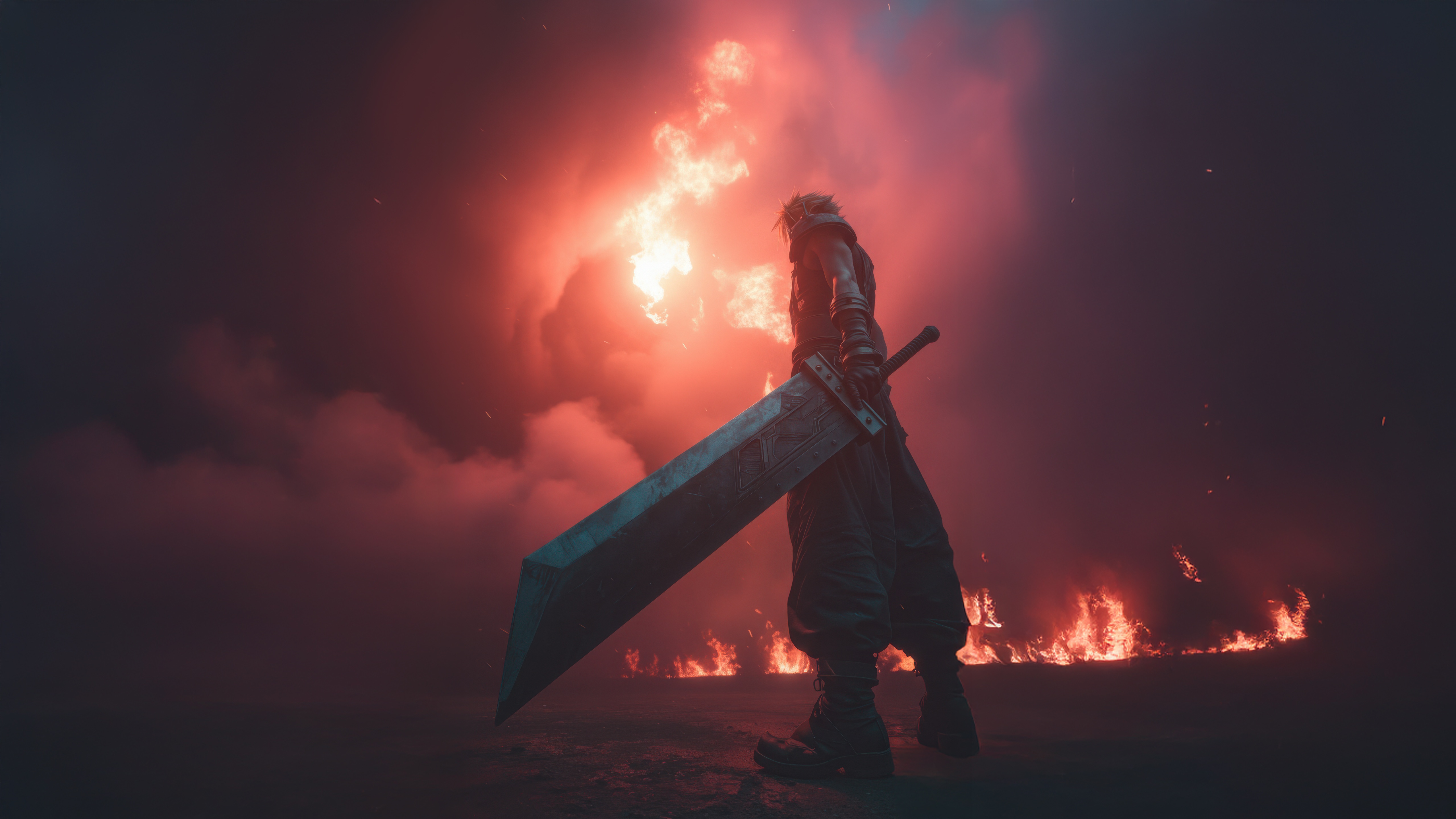 Cloud Strife with Buster Sword in Fire HD Wallpaper