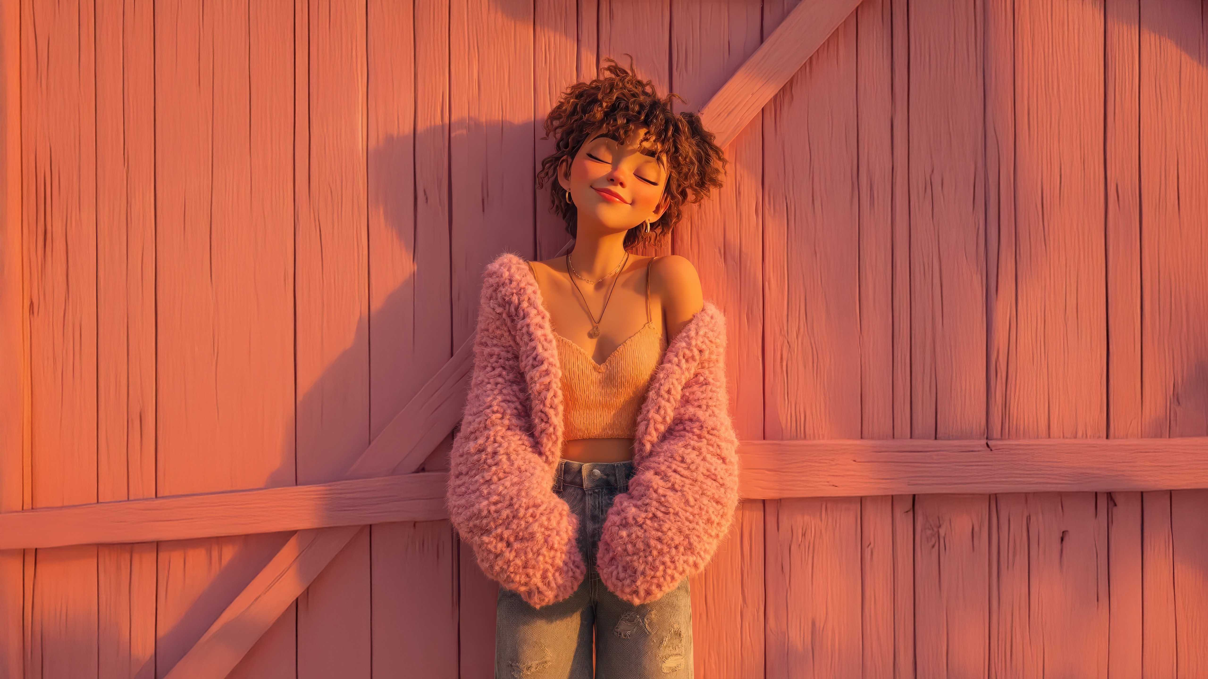 Animated girl with curly hair leaning against a pink wooden wall HD Wallpaper