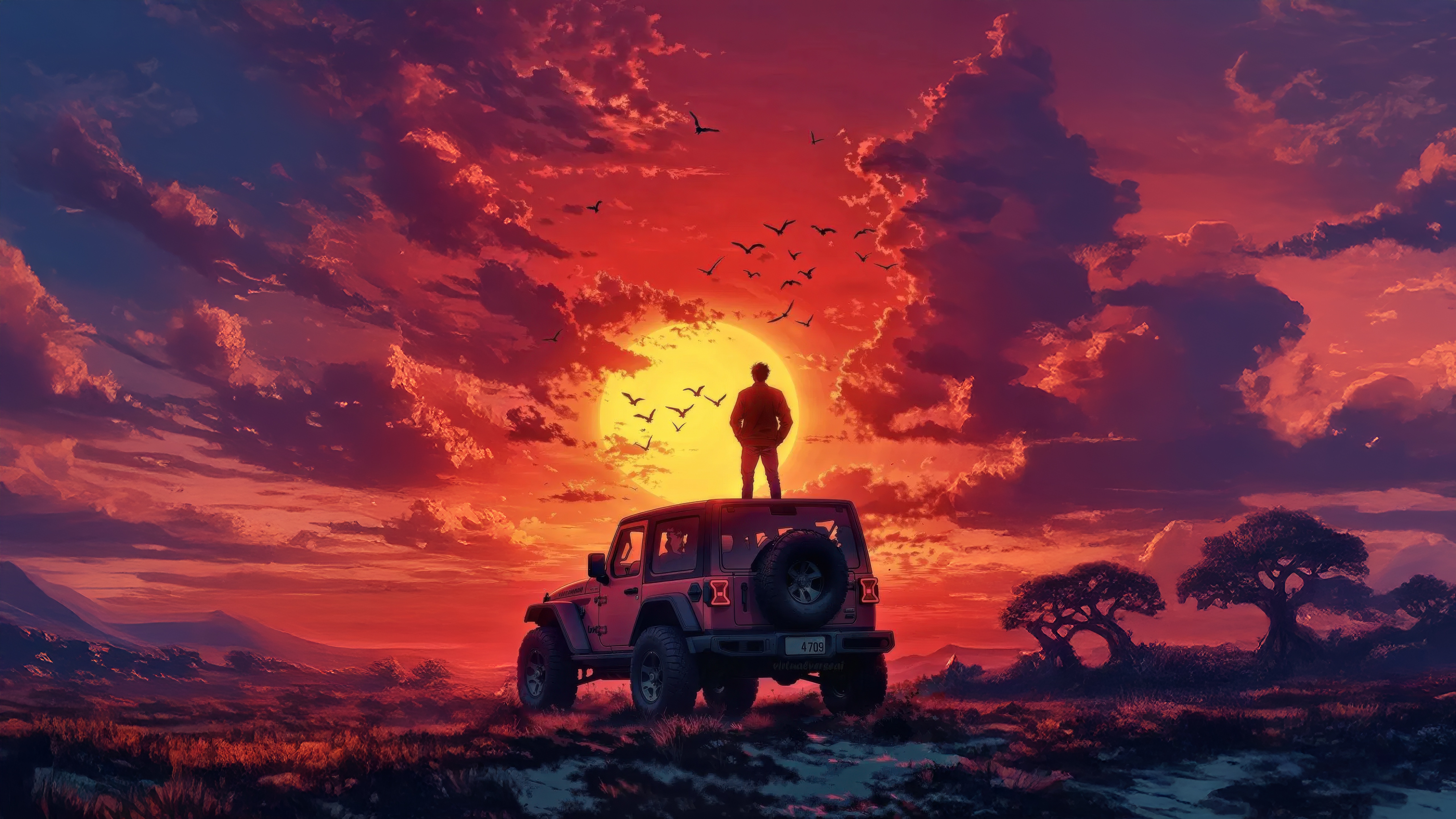 Man Standing on Jeep During Sunset HD Wallpaper