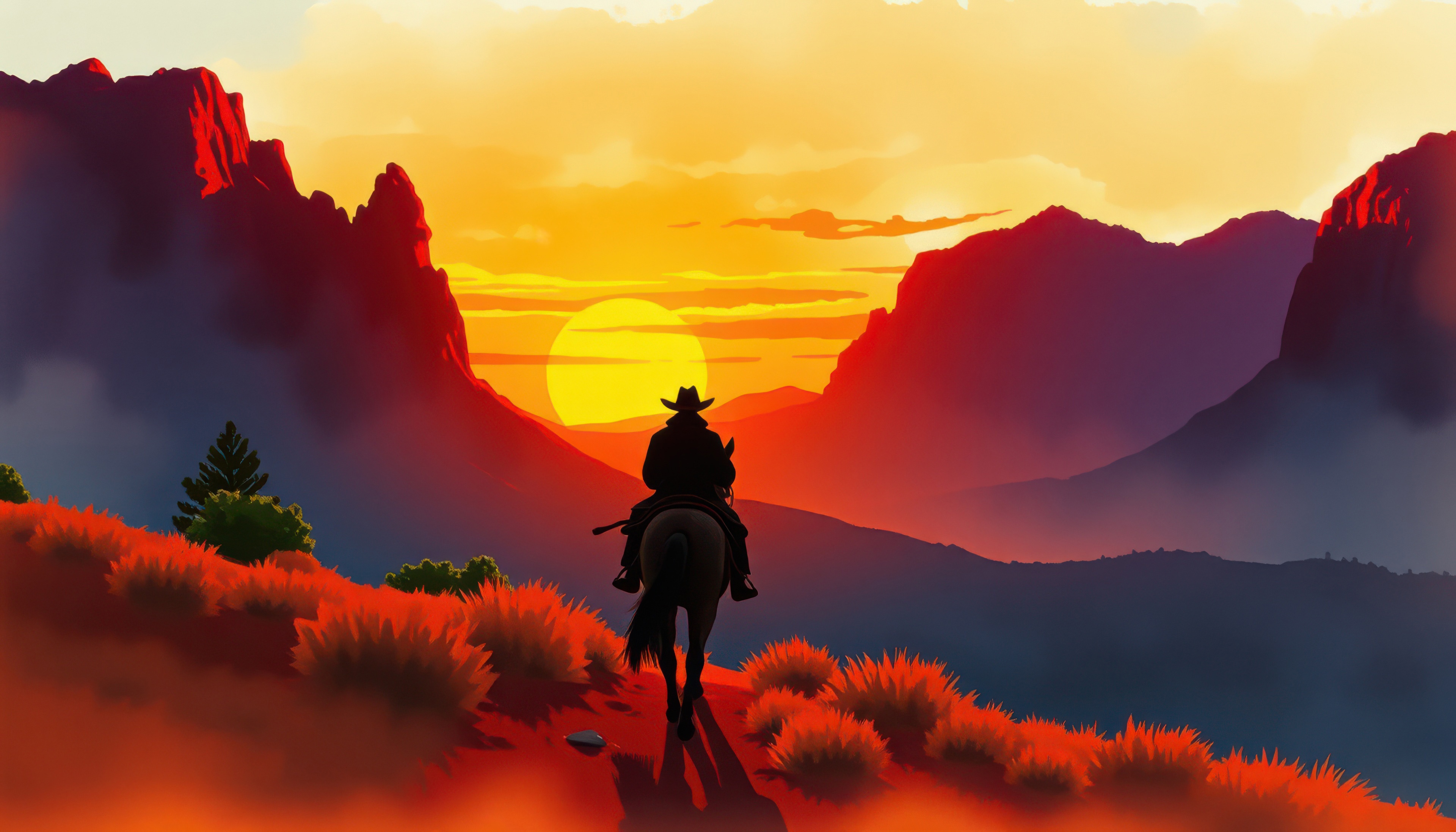 Cowboy riding a horse at sunset in Red Dead Redemption 2 HD Wallpaper