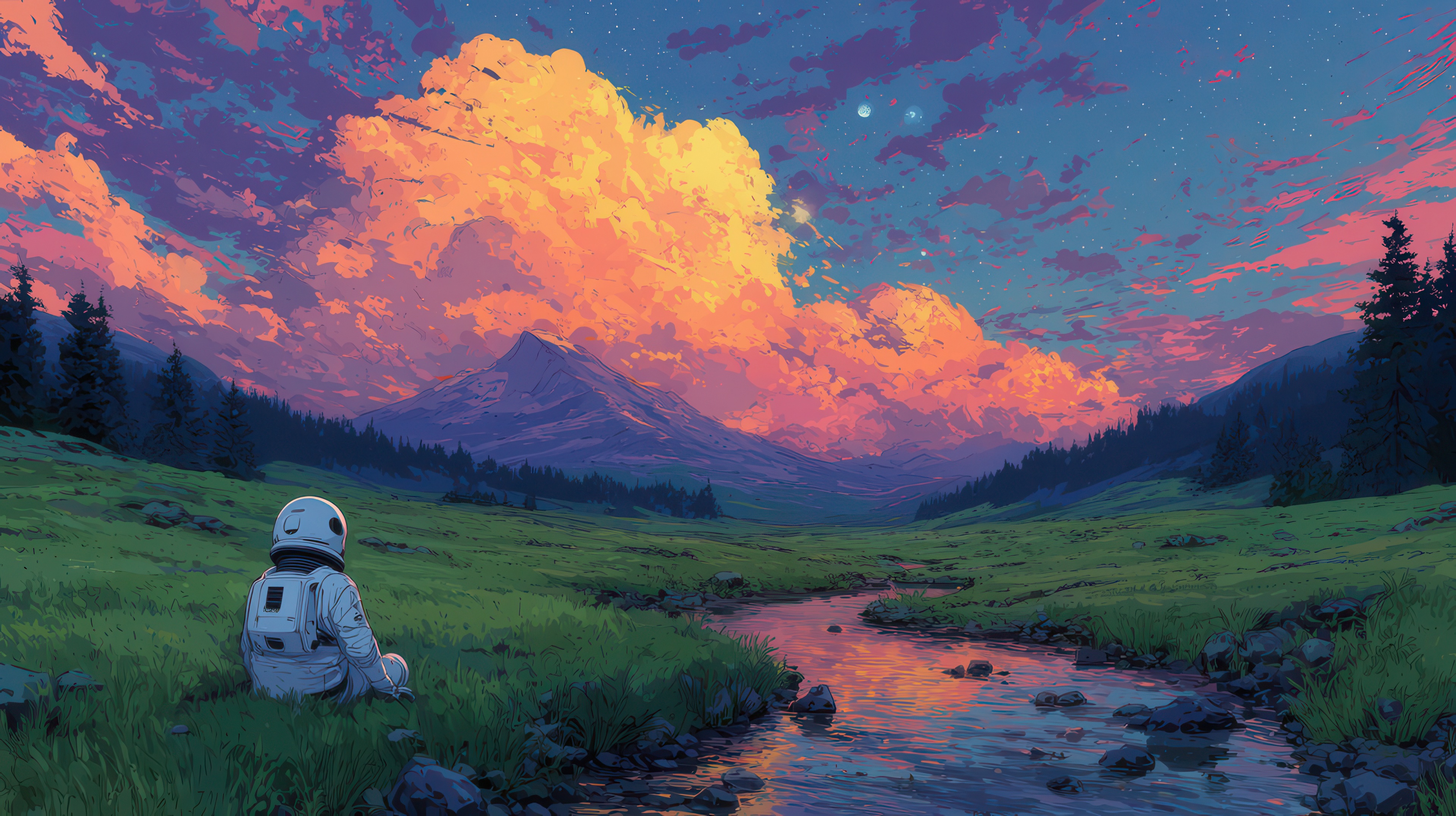 Astronaut Sitting Alone Watching Sunset Over Mountains HD Wallpaper