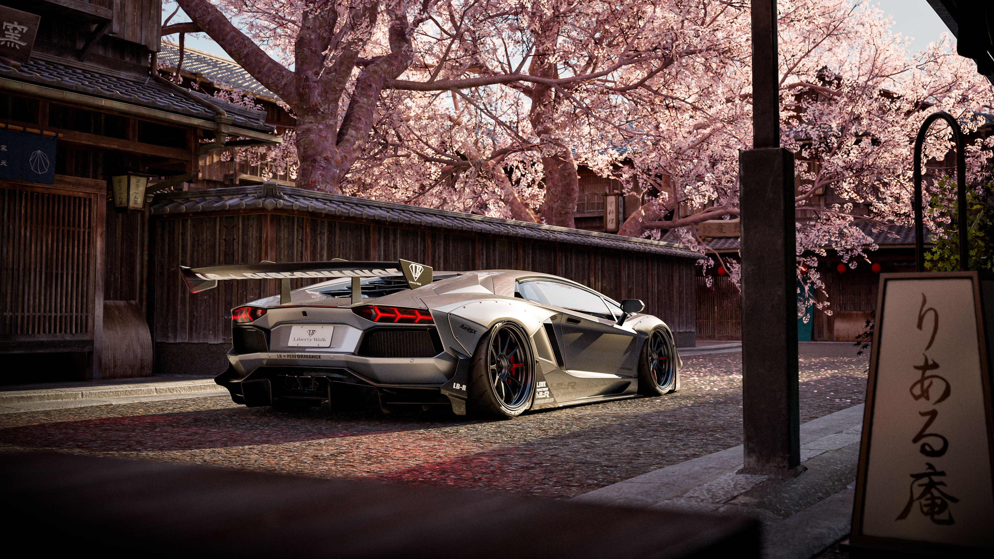 Lamborghini Aventador in a Japanese street with cherry blossoms HD Wallpaper