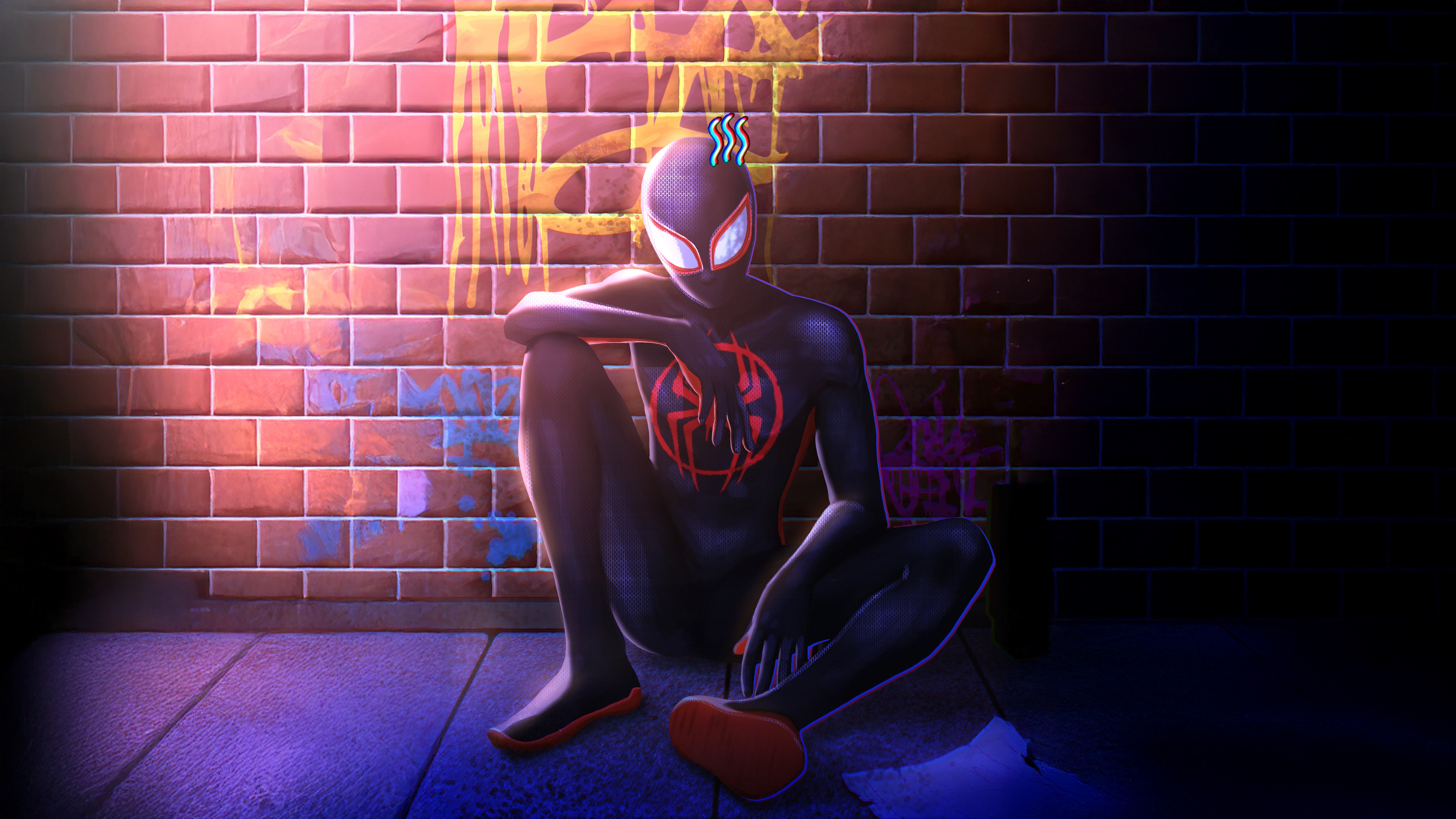 Miles Morales sitting in front of a graffiti wall HD Wallpaper