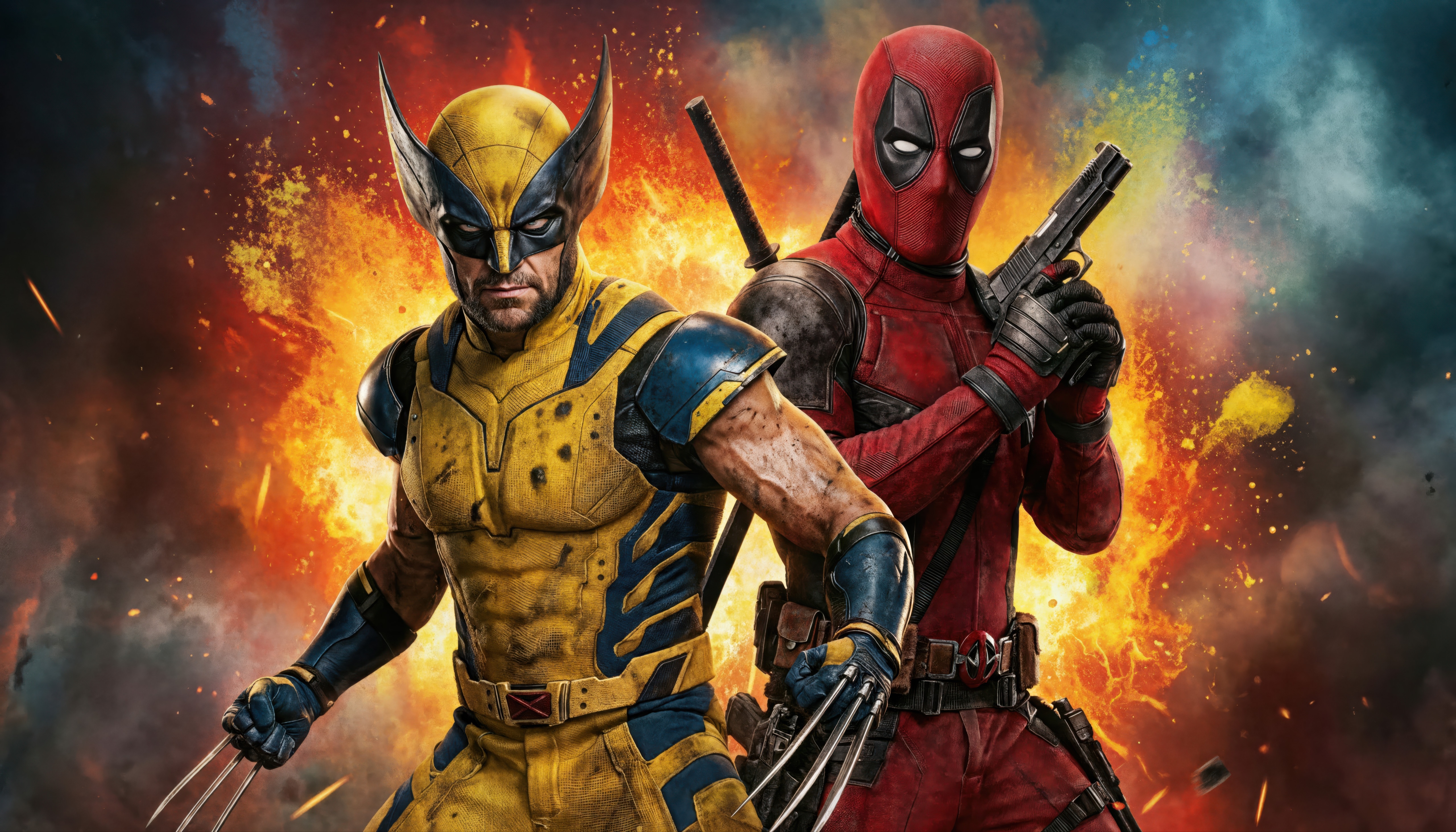 Deadpool and Wolverine in front of an explosion HD Wallpaper