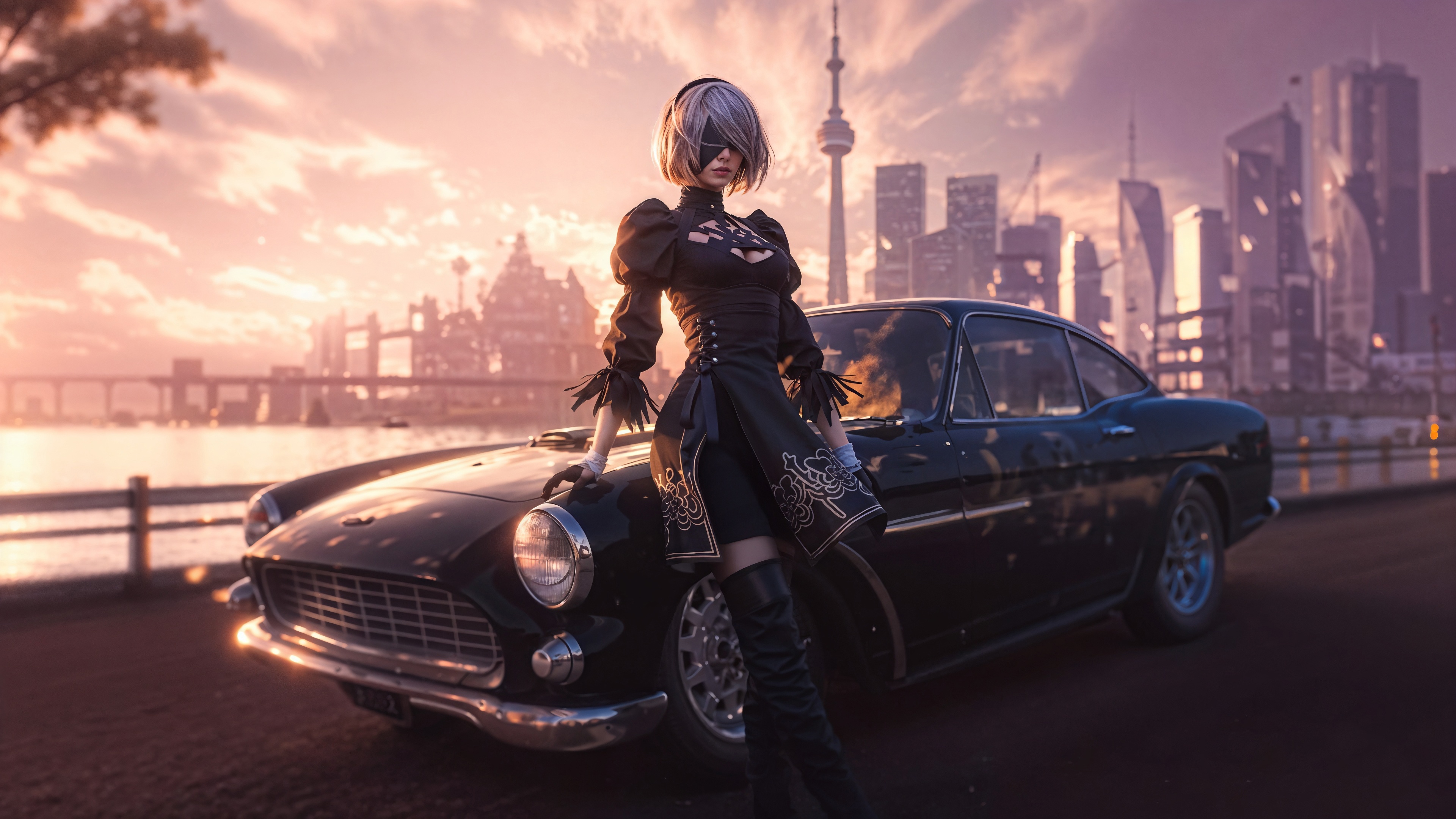 2B and a classic car in a city at sunset HD Wallpaper