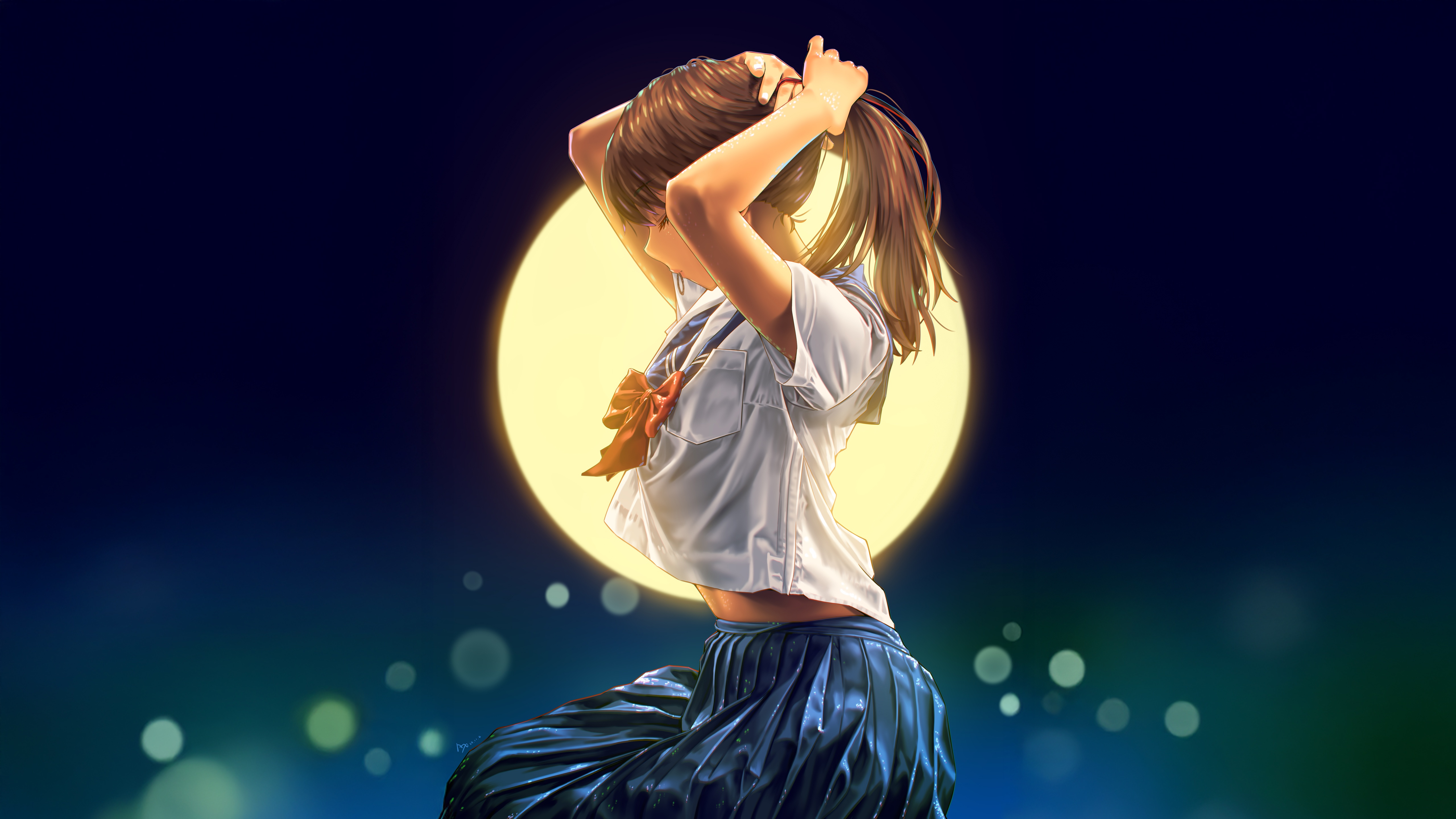 Anime School Girl Tying Hair Under Moon HD Wallpaper