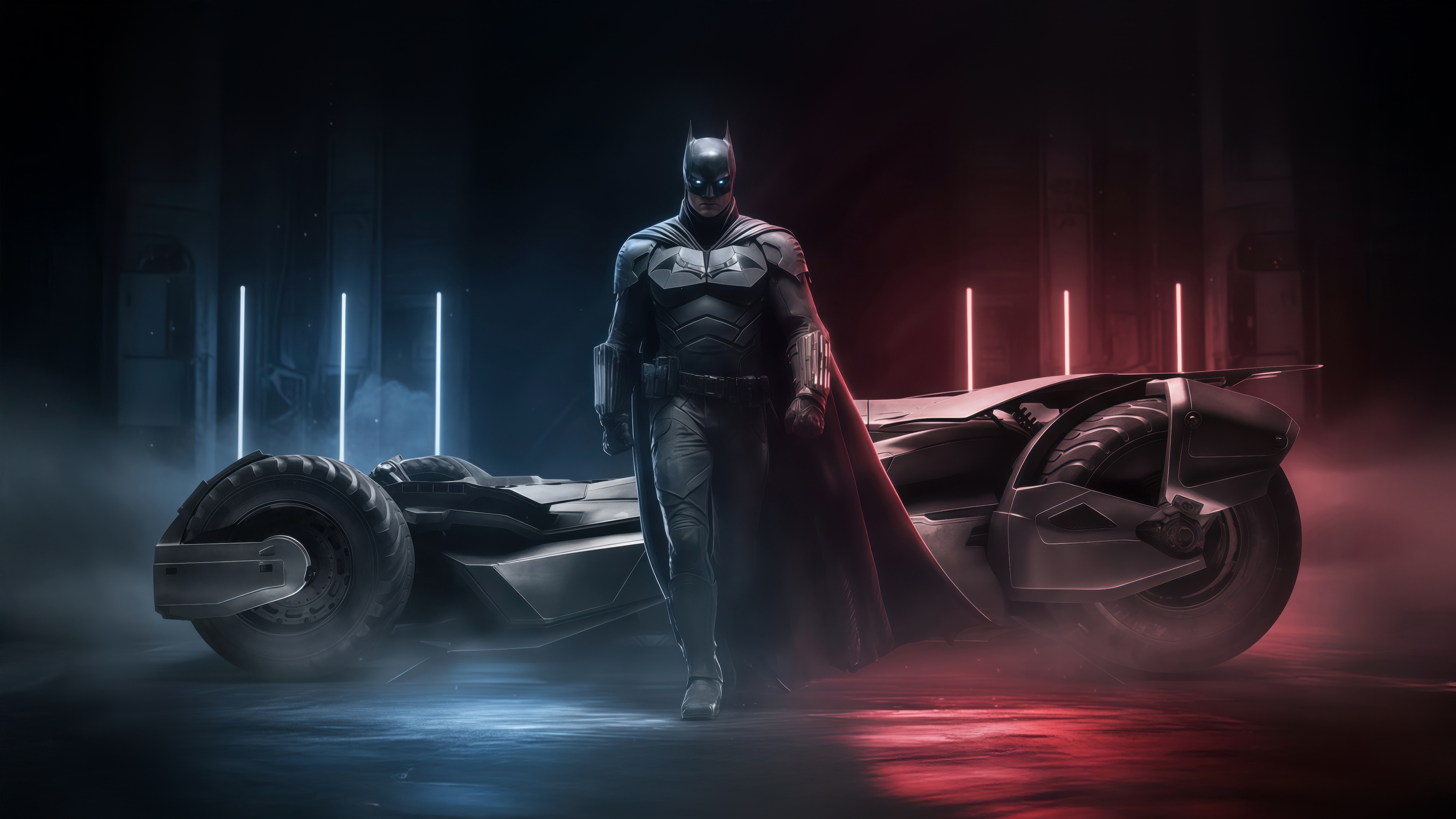 Batman and the Batmobile in a dark setting HD Wallpaper