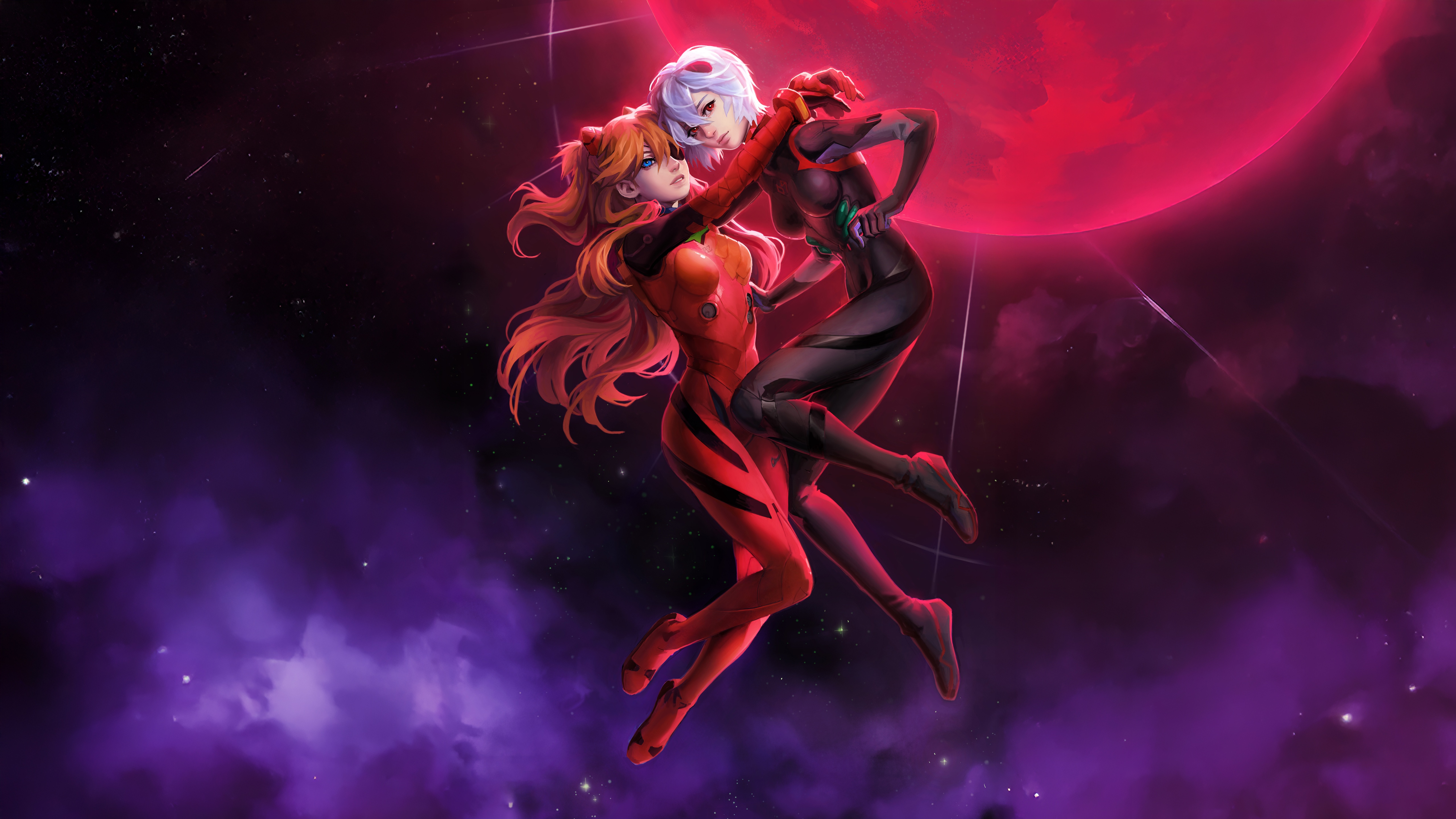 Asuka and Rei in Space with Red Moon HD Wallpaper