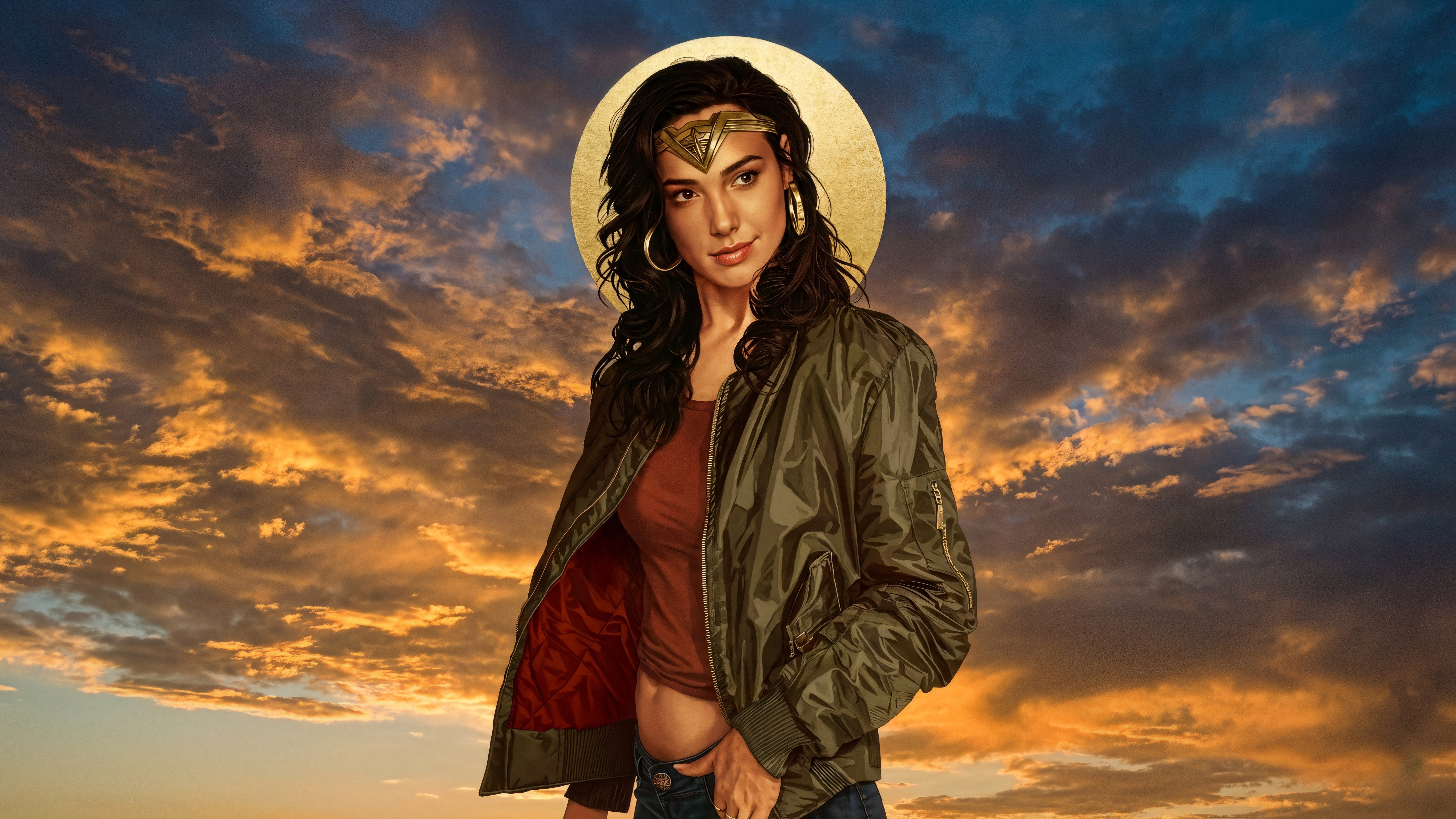 Wonder Woman with a halo and bomber jacket HD Wallpaper