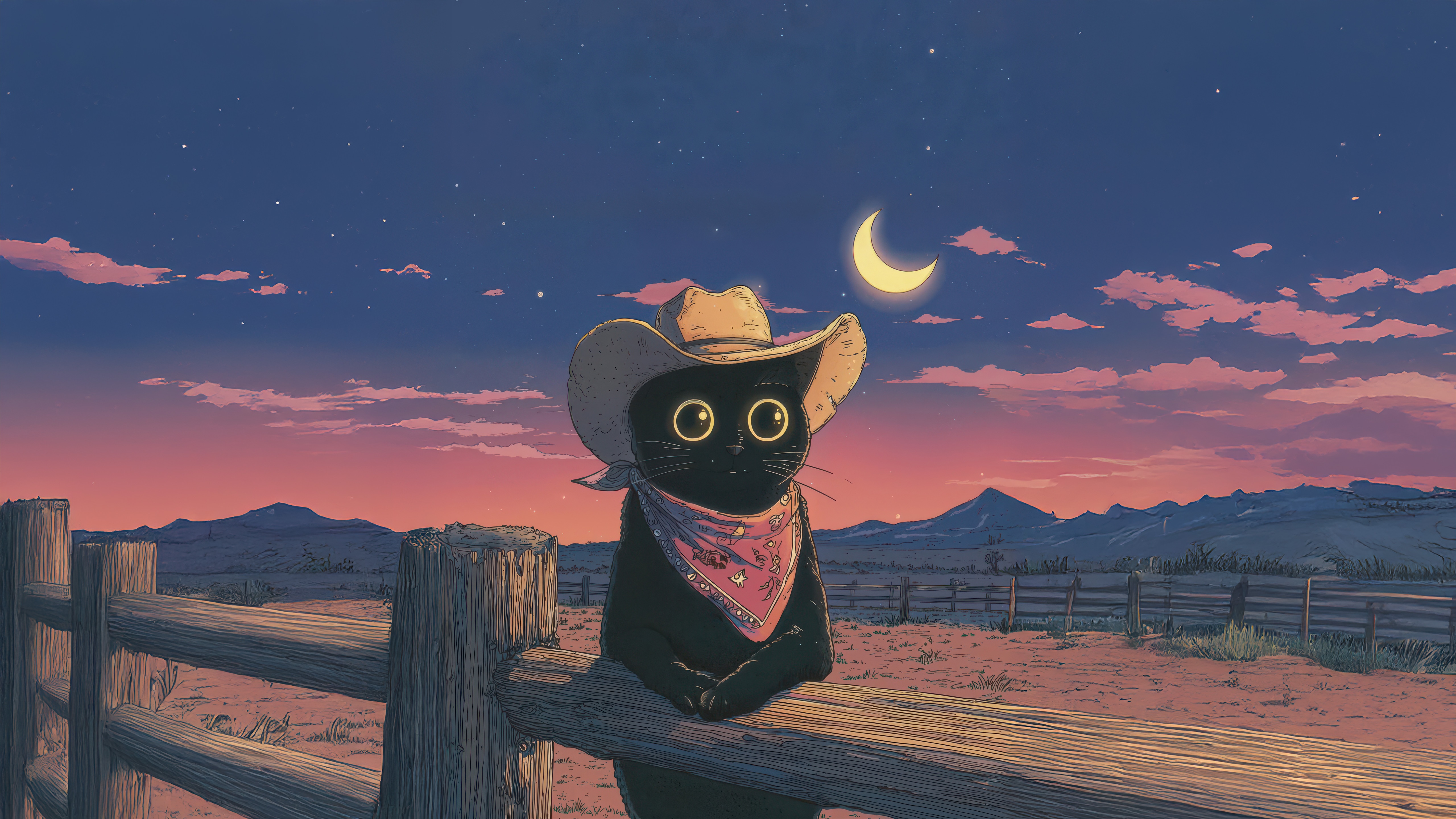 Black Cat Cowboy In Desert Sunset HD Wallpaper