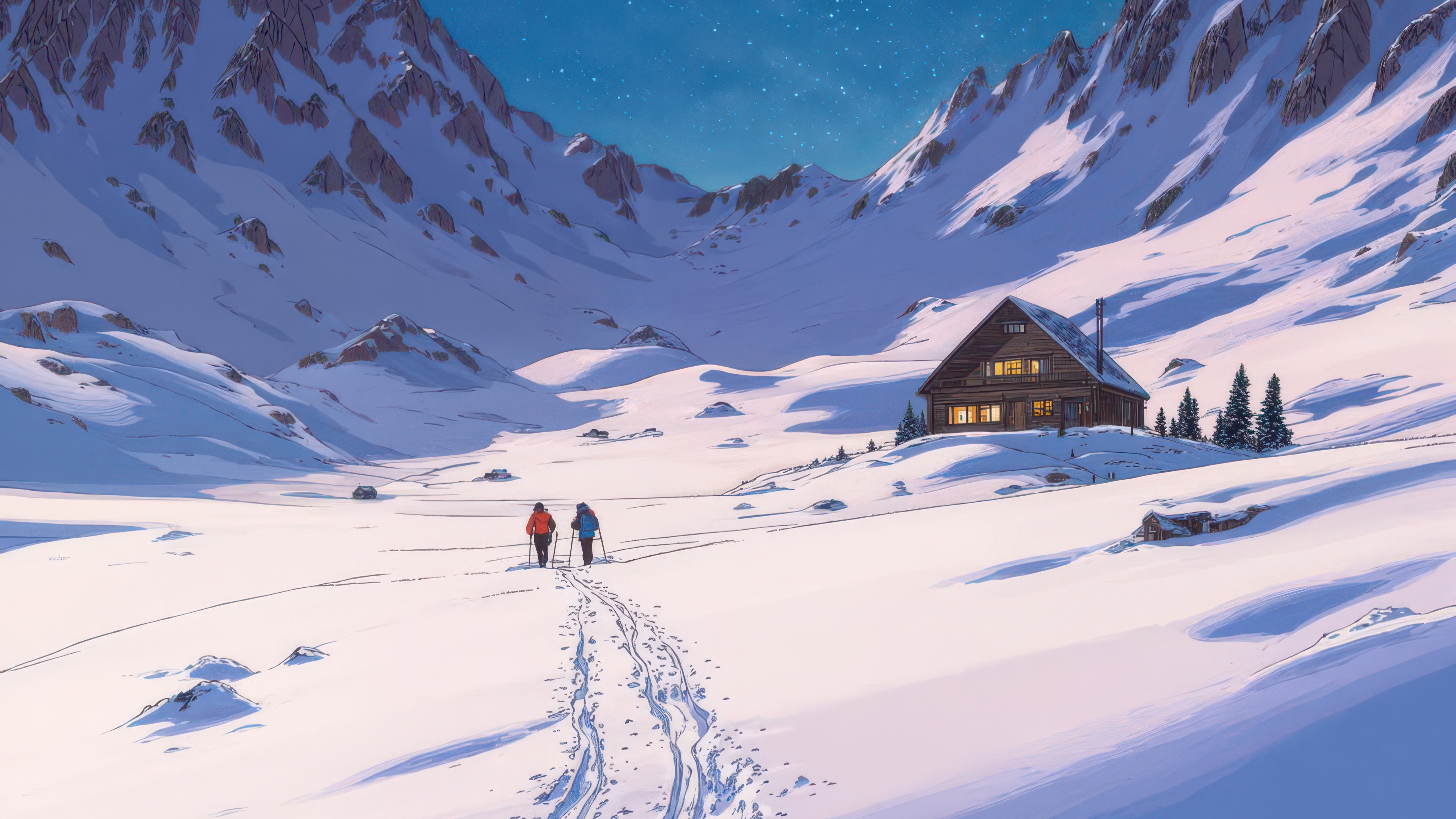 Two hikers walk through a snowy mountain valley towards a cabin. HD Wallpaper