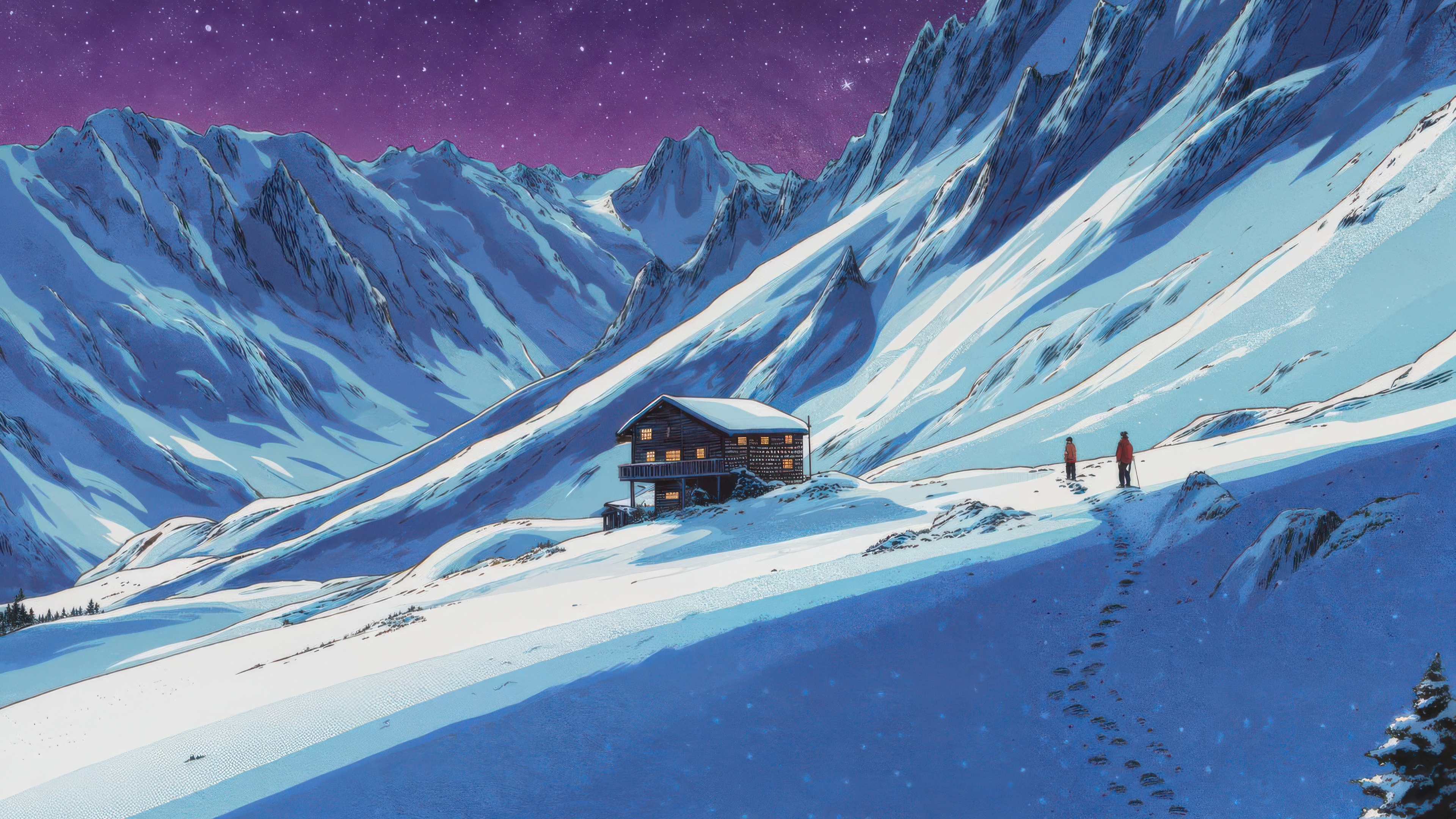 Cabin in the Snowy Mountains Under a Purple Sky HD Wallpaper