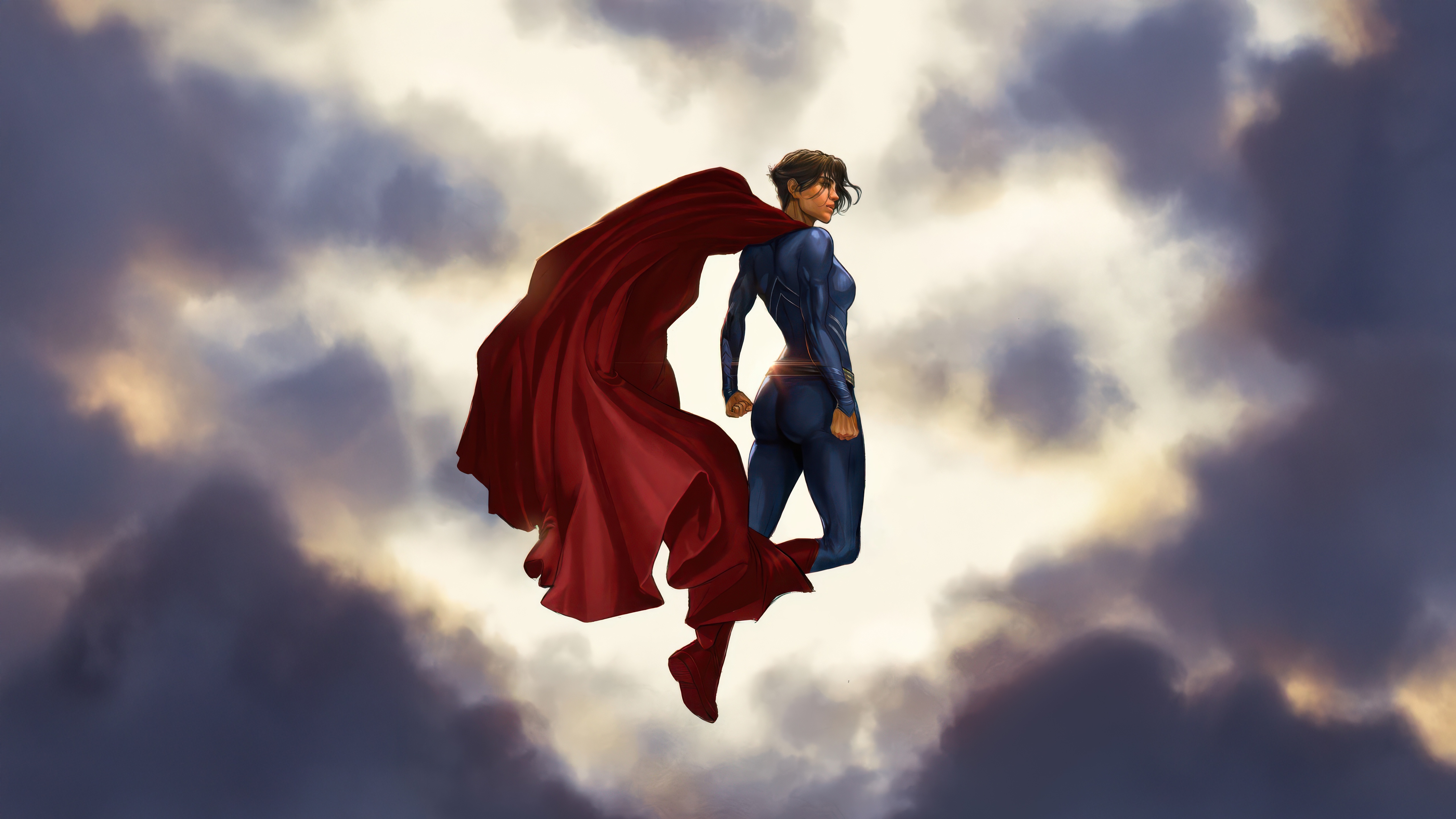 Supergirl in a blue suit with a red cape flying HD Wallpaper