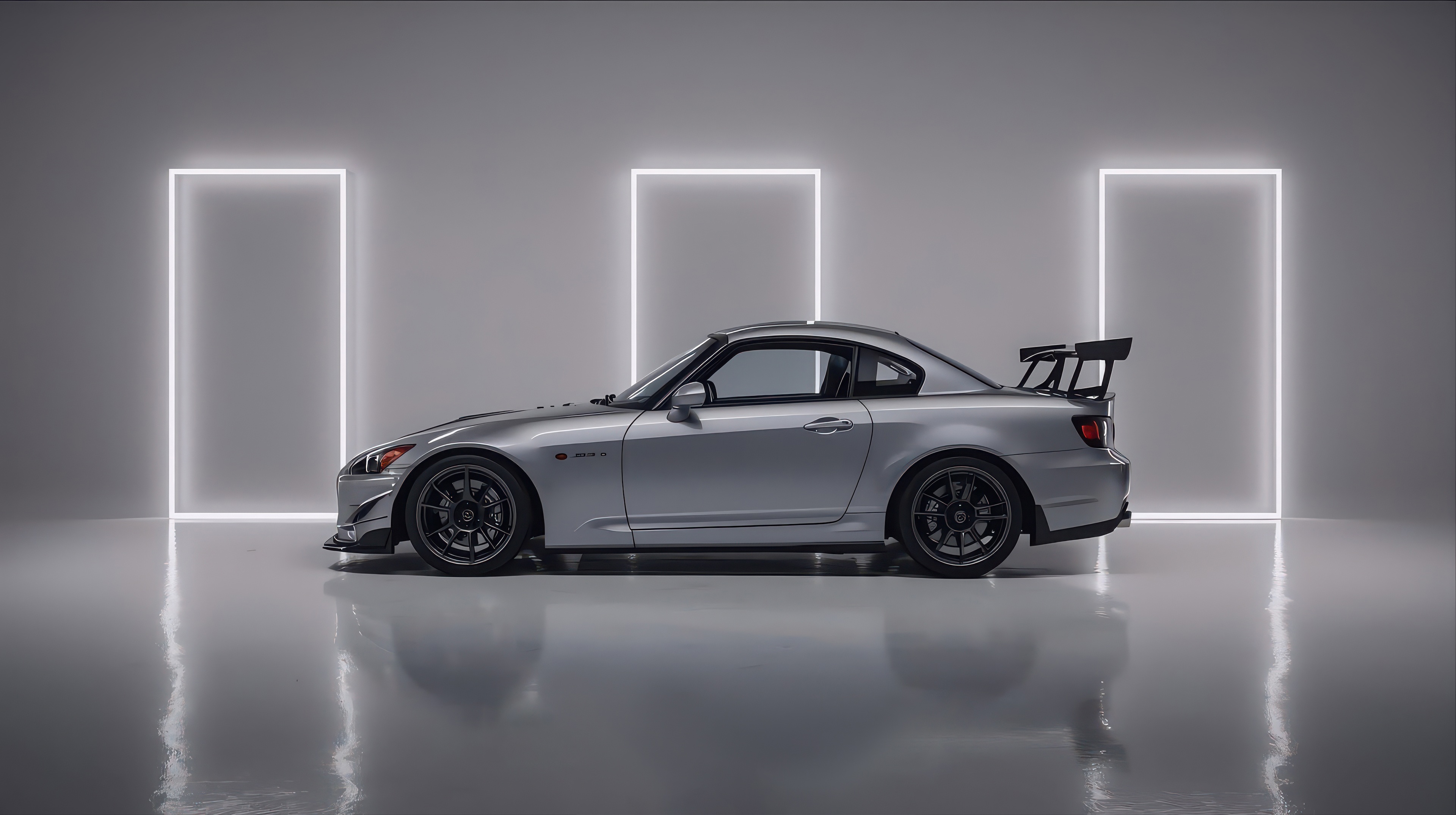 Silver Honda S2000 with a large rear spoiler HD Wallpaper