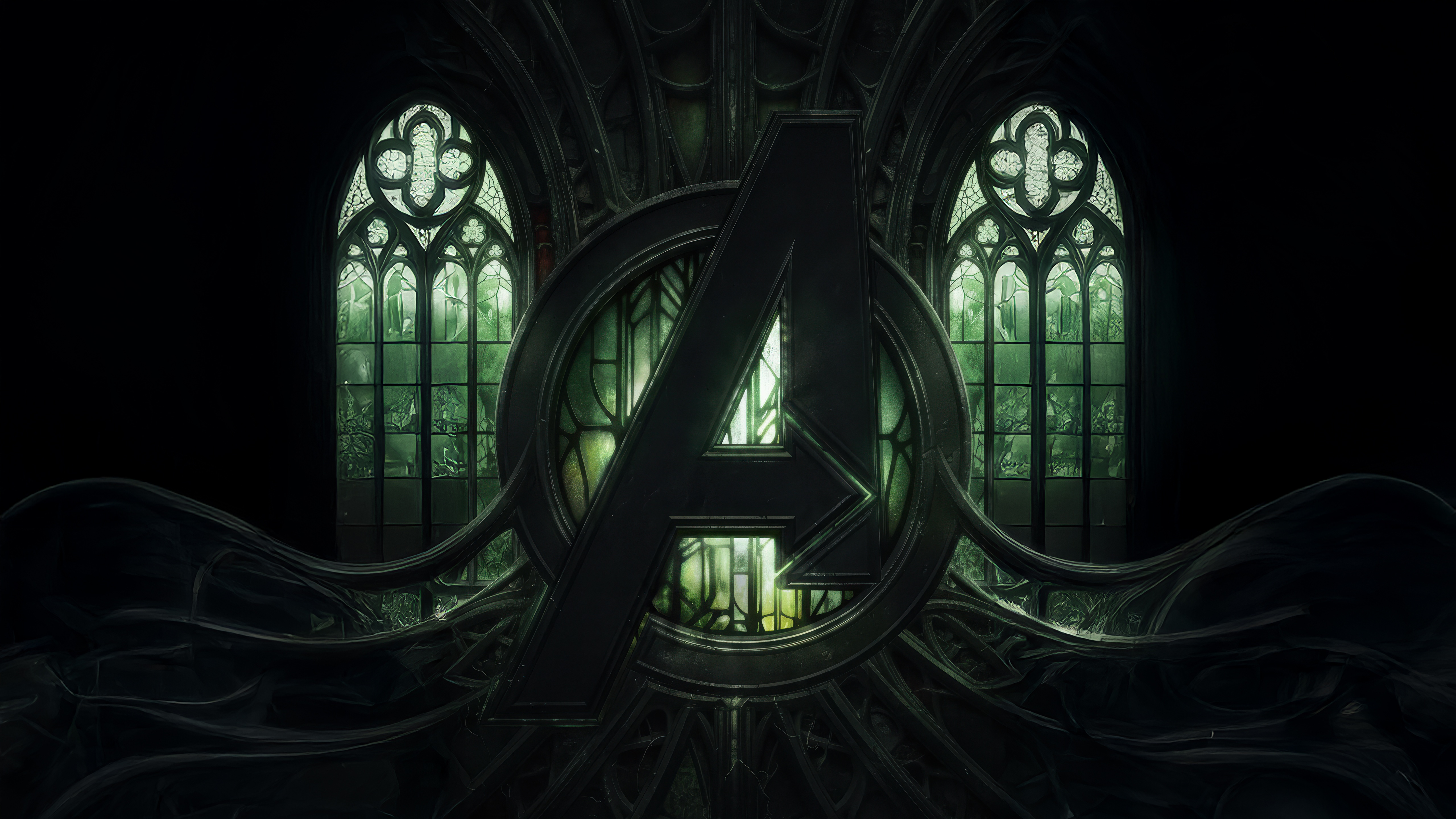 Avengers Logo in Gothic Cathedral HD Wallpaper
