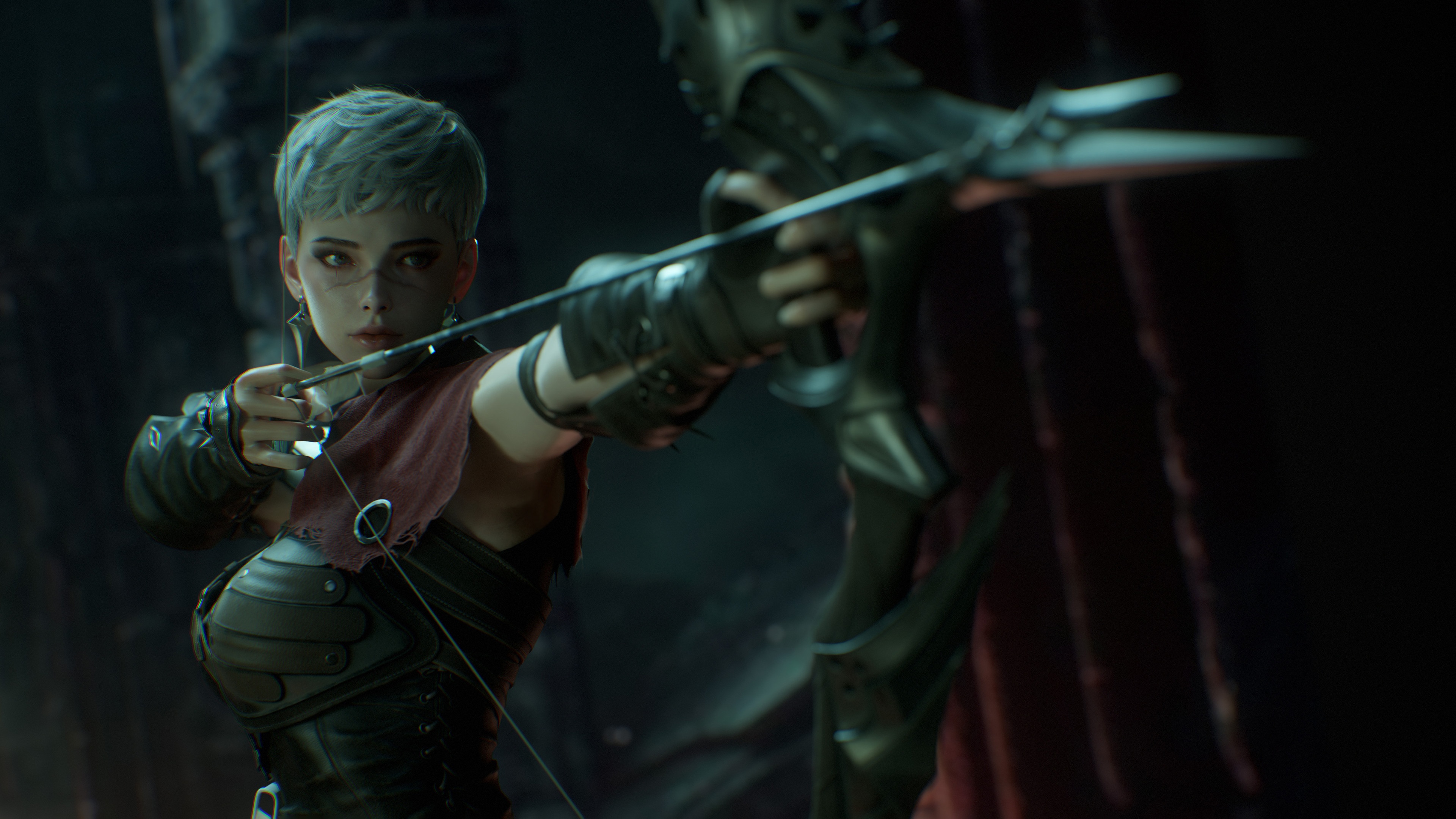 Warrior girl with short hair aims a bow and arrow HD Wallpaper