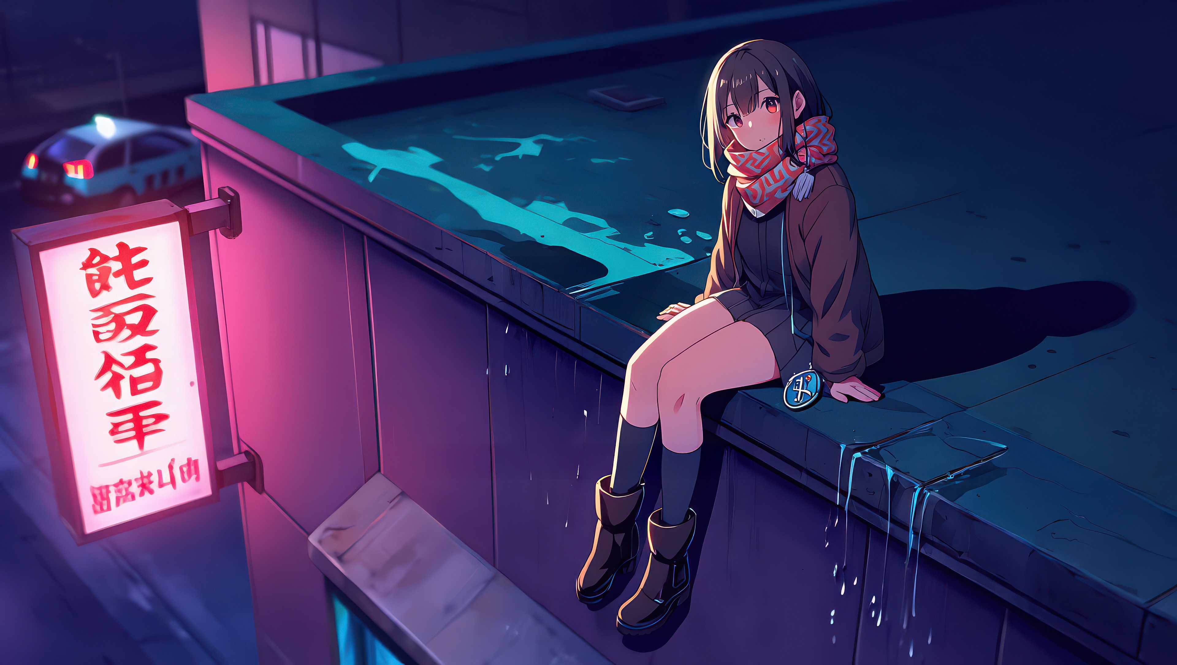 Cyberpunk Girl Sitting At Rooftop In Neon Glow HD Wallpaper