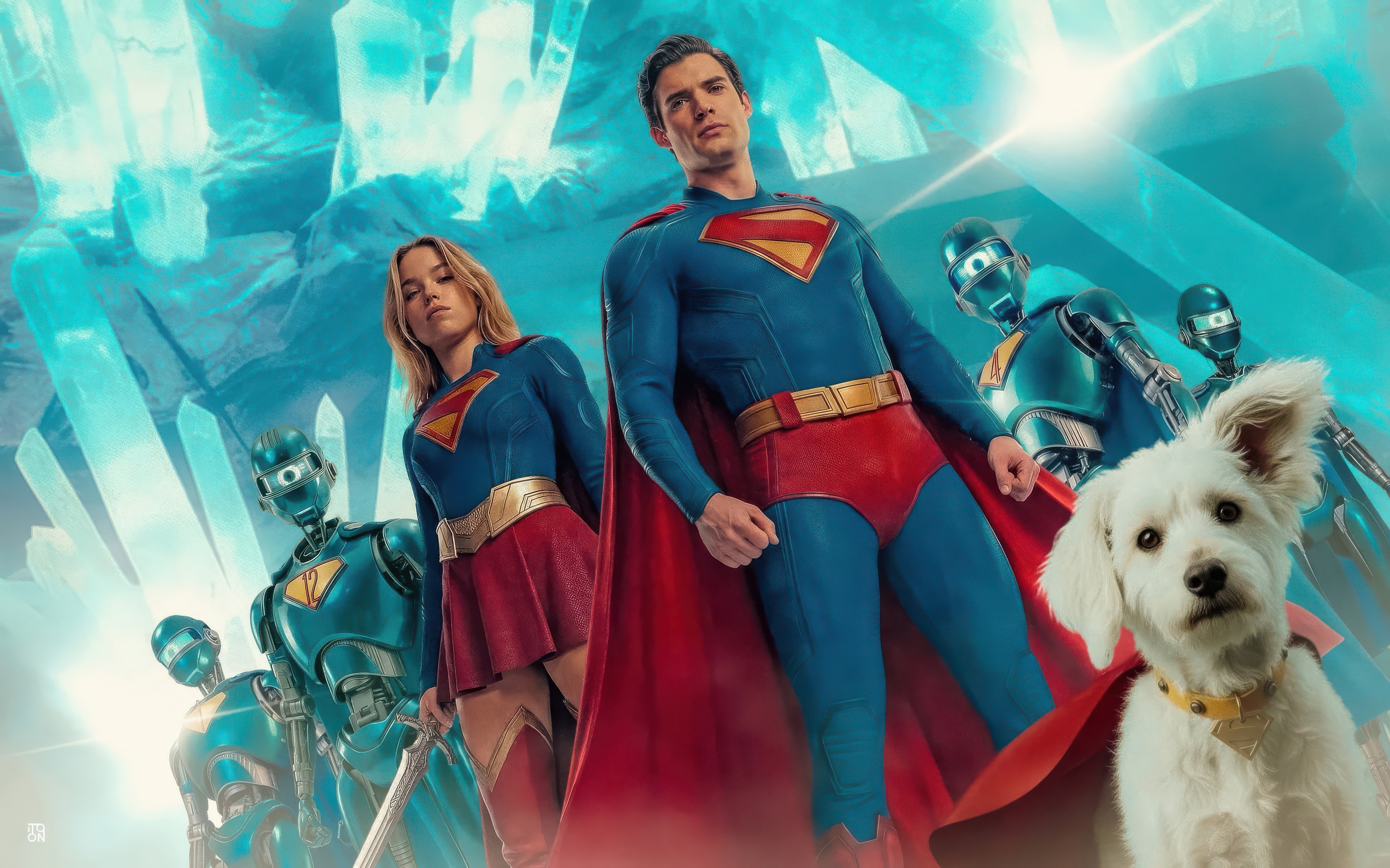 Superman, Supergirl, and Krypto with robots HD Wallpaper