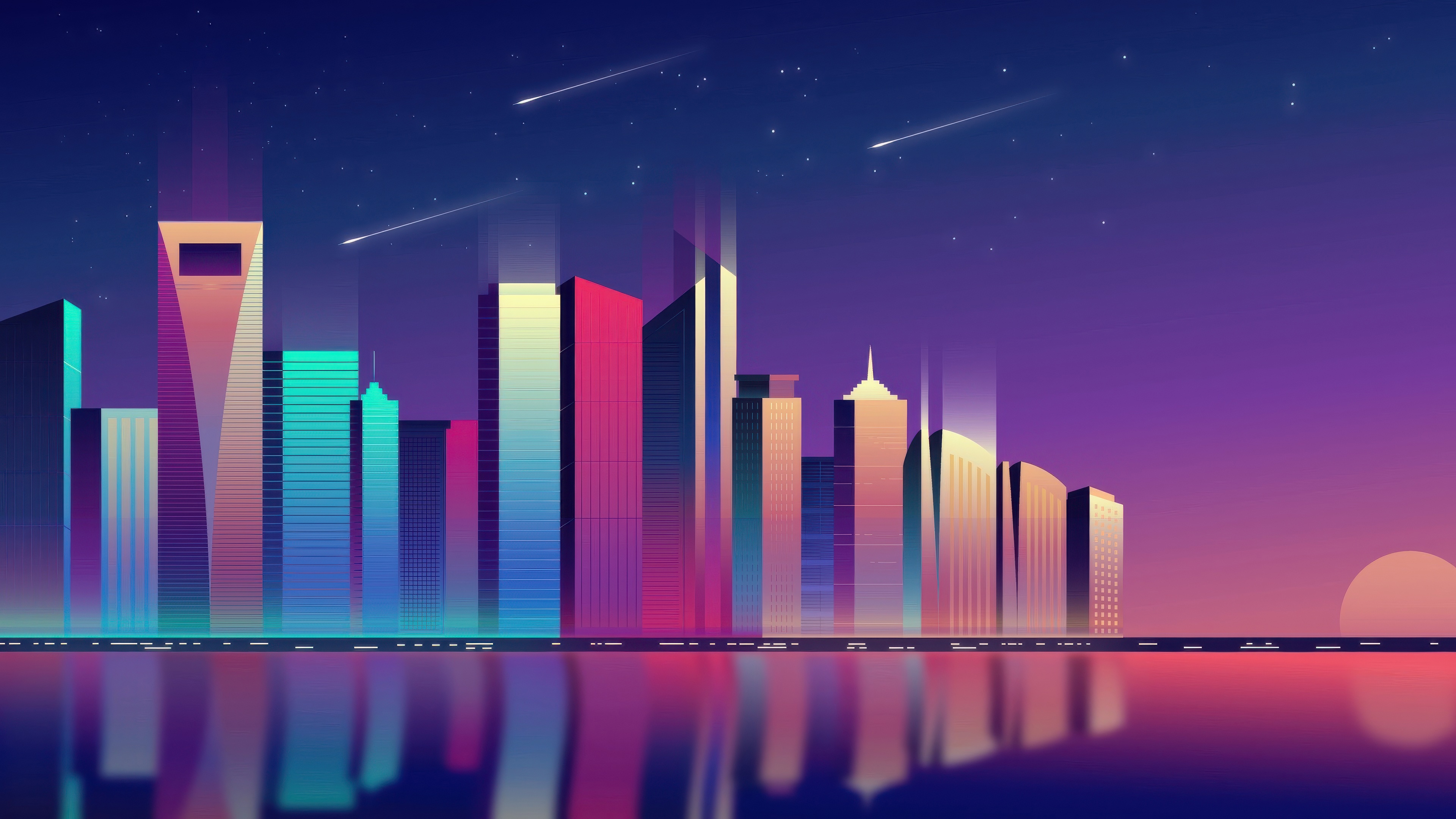 Glowing City Skyline at Night with Reflections HD Wallpaper
