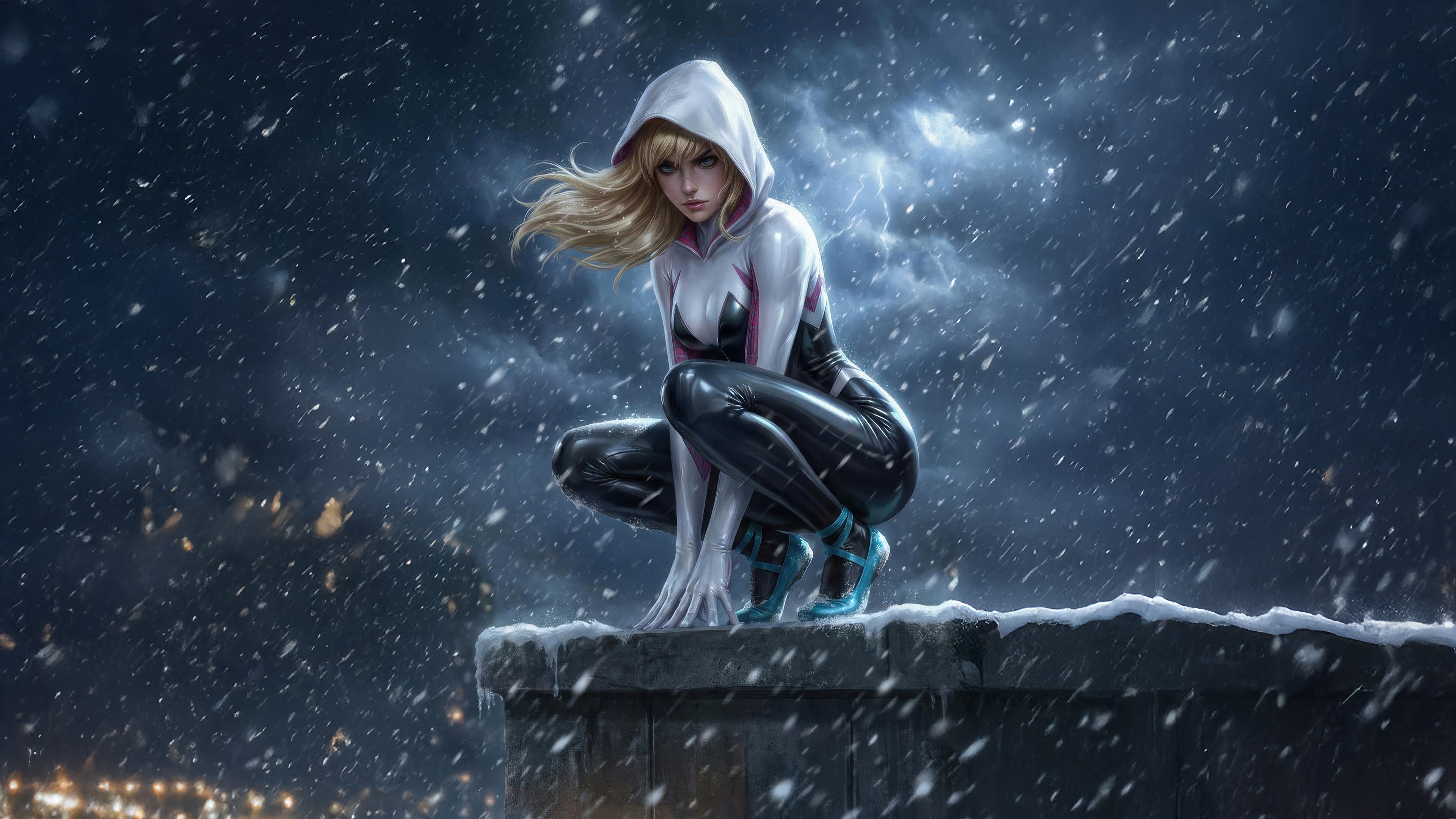 Spider-Gwen crouching on a snowy rooftop HD Wallpaper