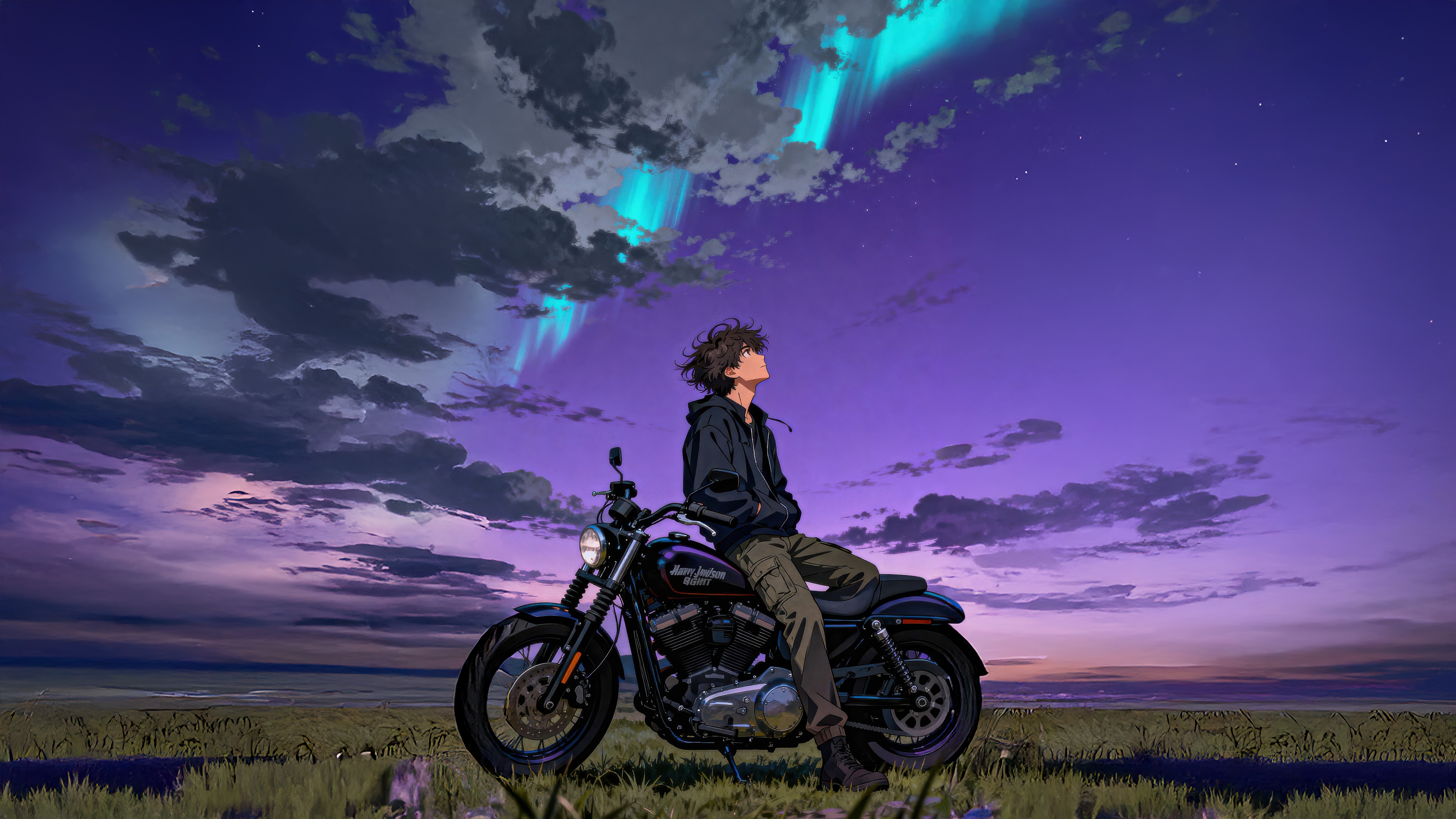 Man on a motorcycle under the aurora borealis HD Wallpaper