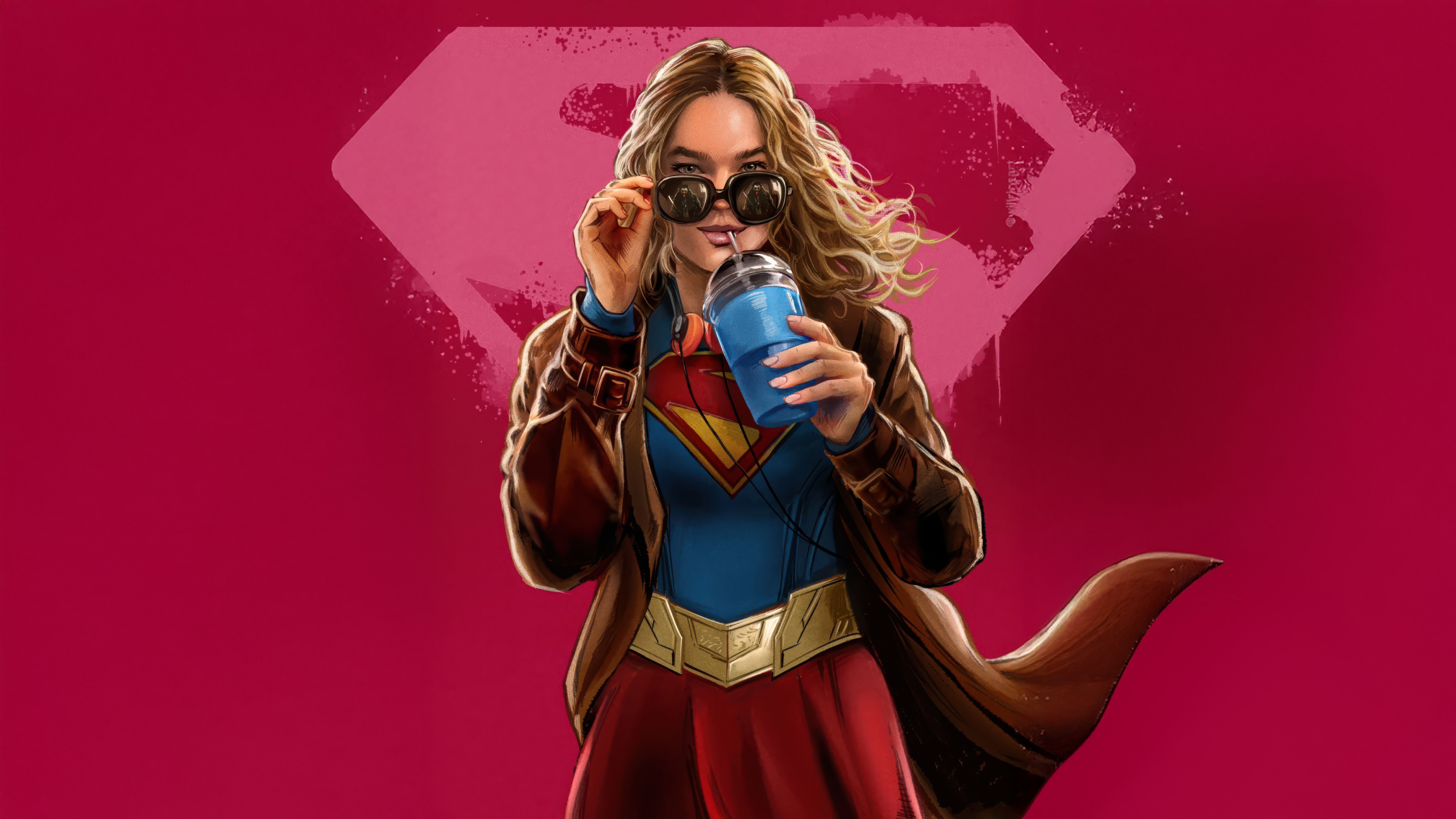 Supergirl with sunglasses and a drink HD Wallpaper