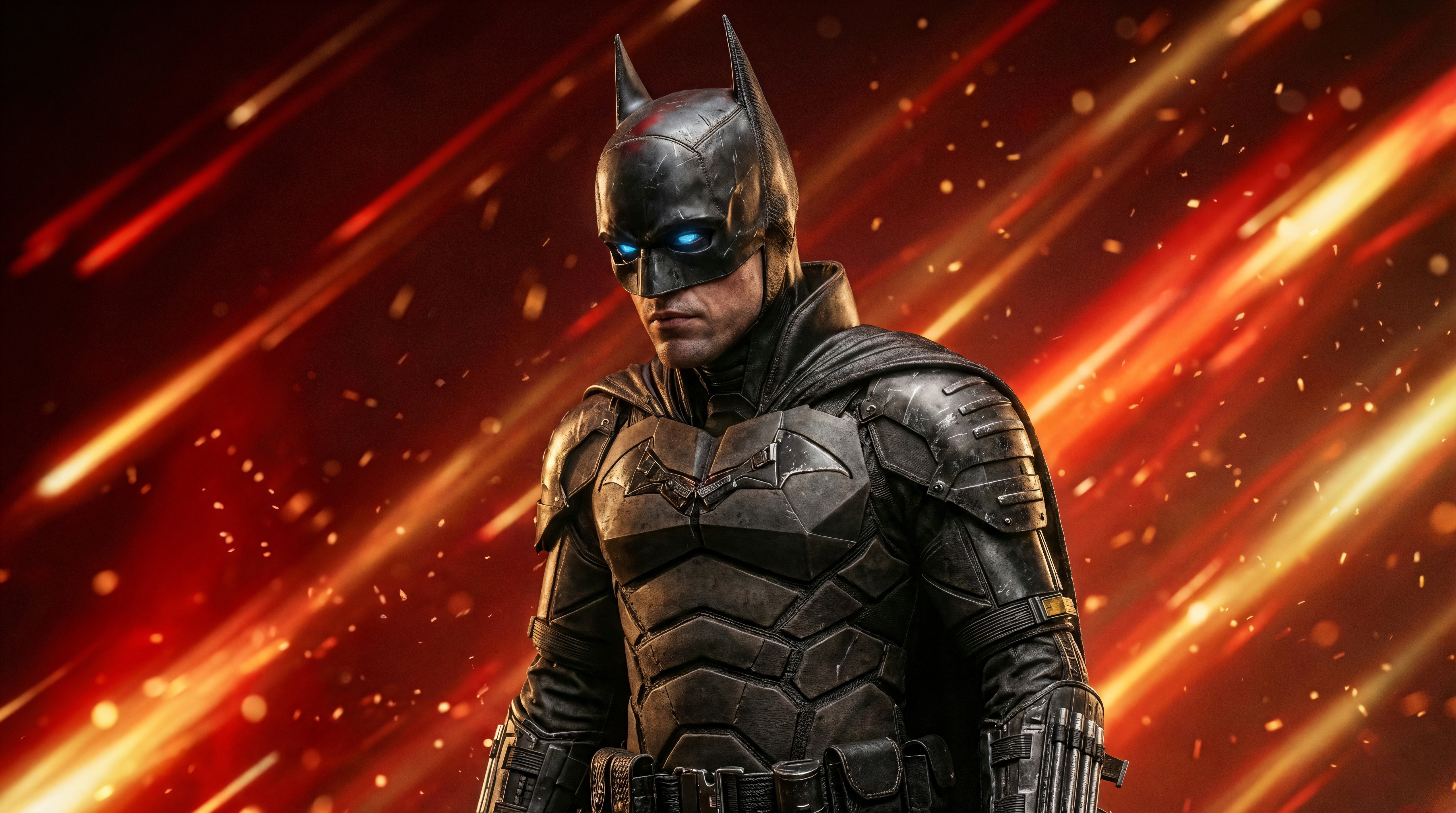Batman with glowing blue eyes and red streaks background HD Wallpaper