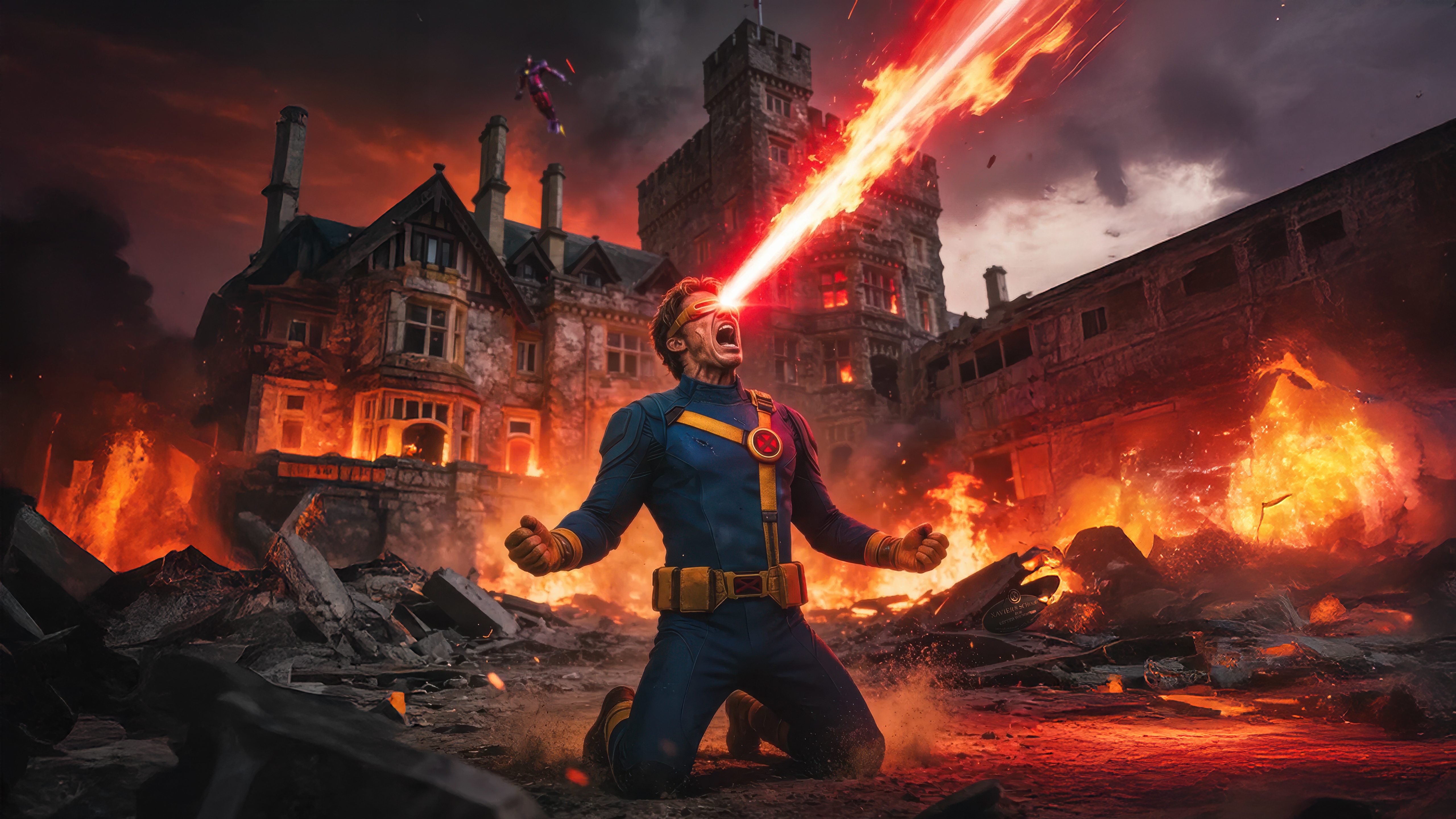 Cyclops firing optic blast in burning mansion HD Wallpaper