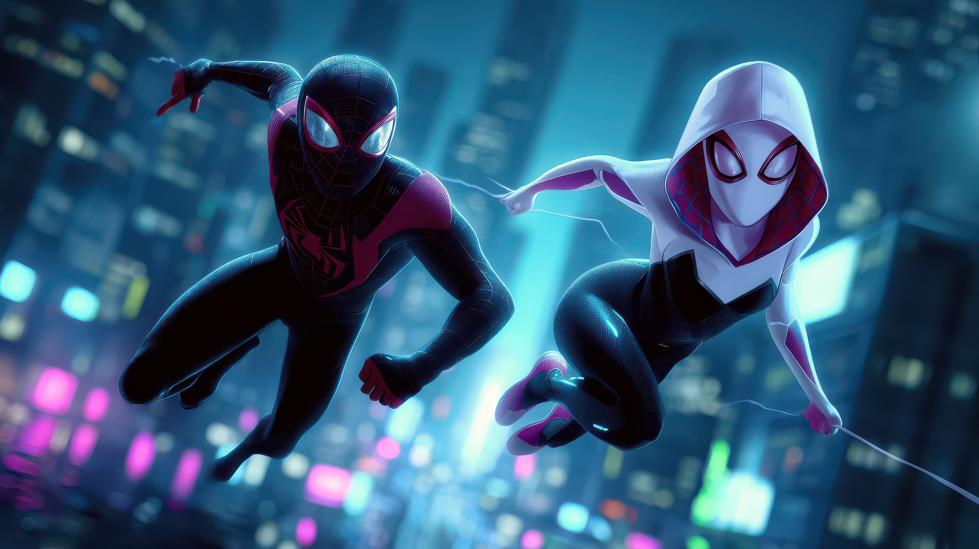 Miles Morales and Gwen Stacy swinging through a city HD Wallpaper