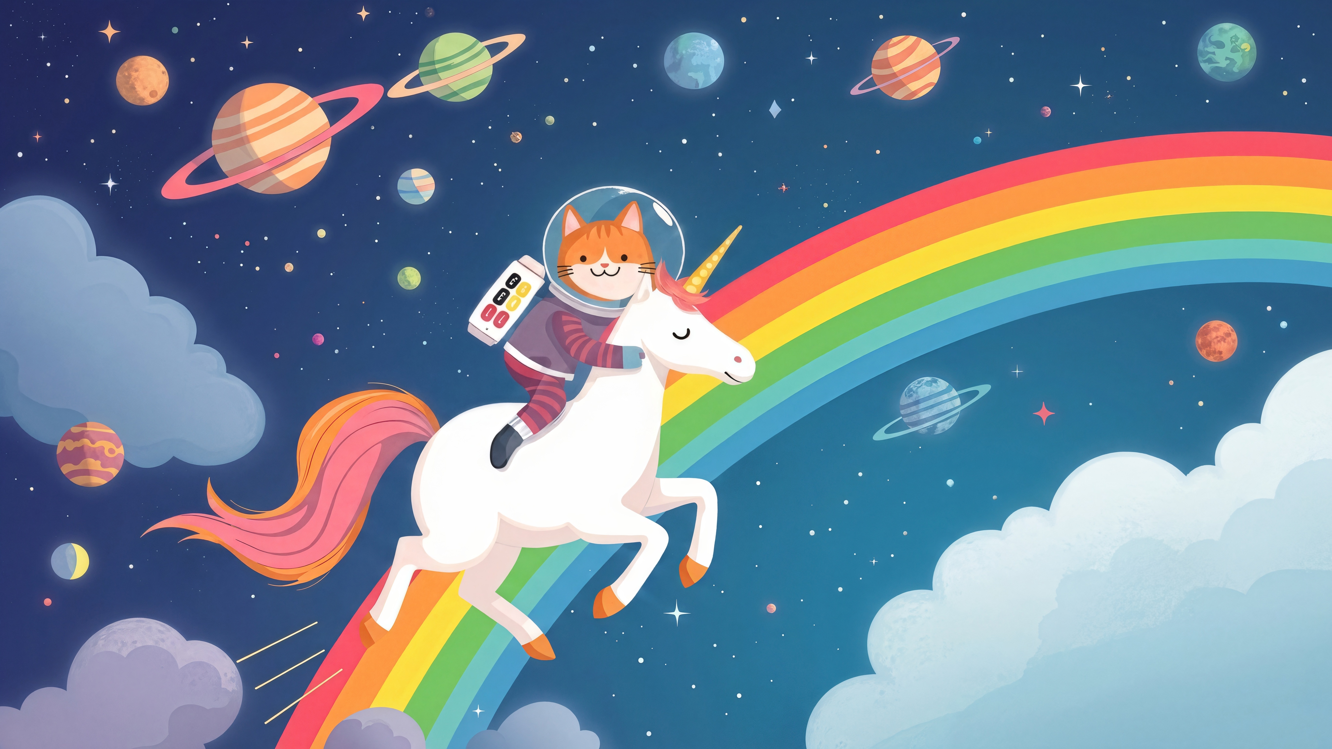 Cat Astronaut Riding a Unicorn on a Rainbow in Space HD Wallpaper