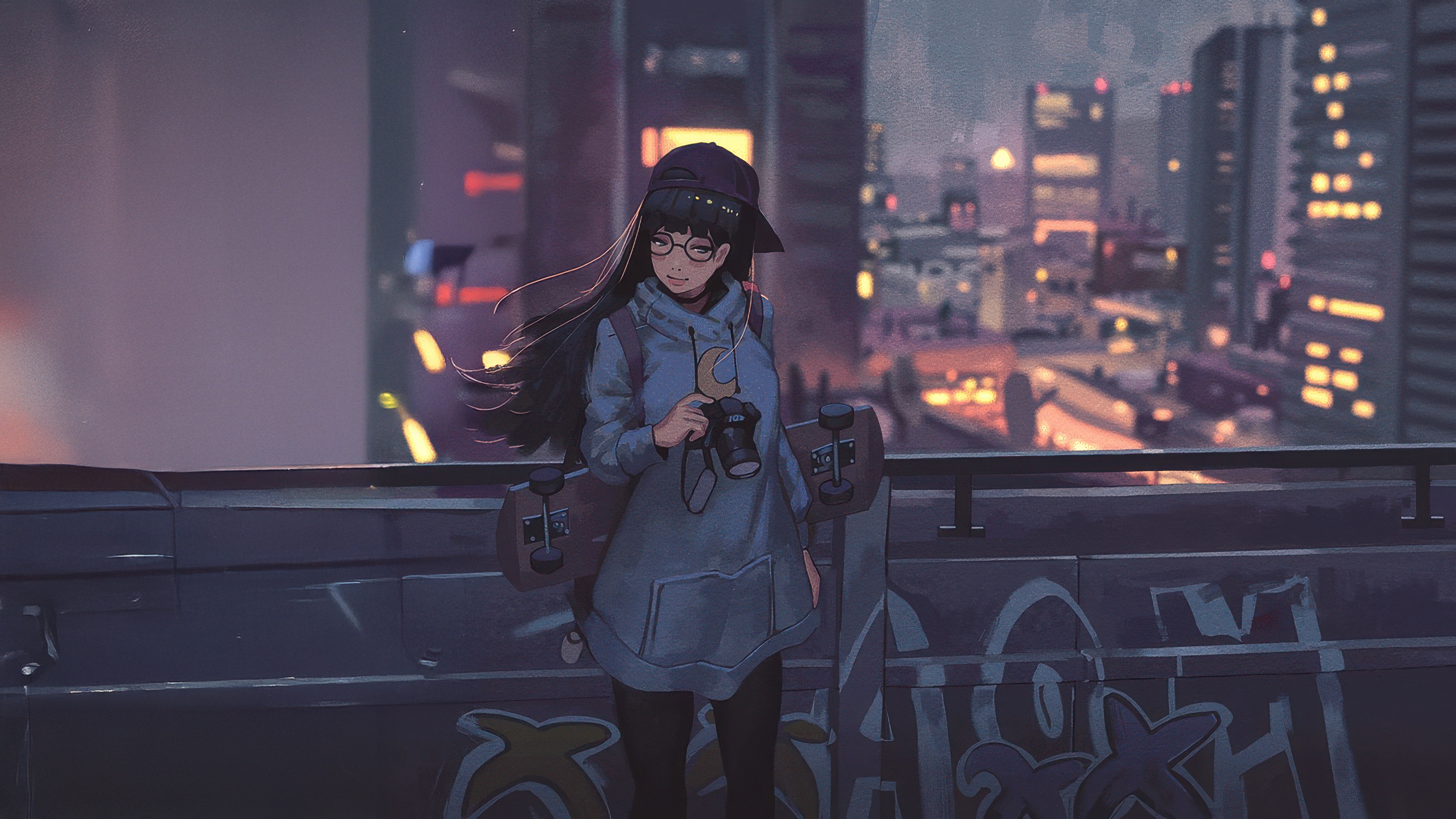 Anime girl with skateboard and camera on rooftop HD Wallpaper