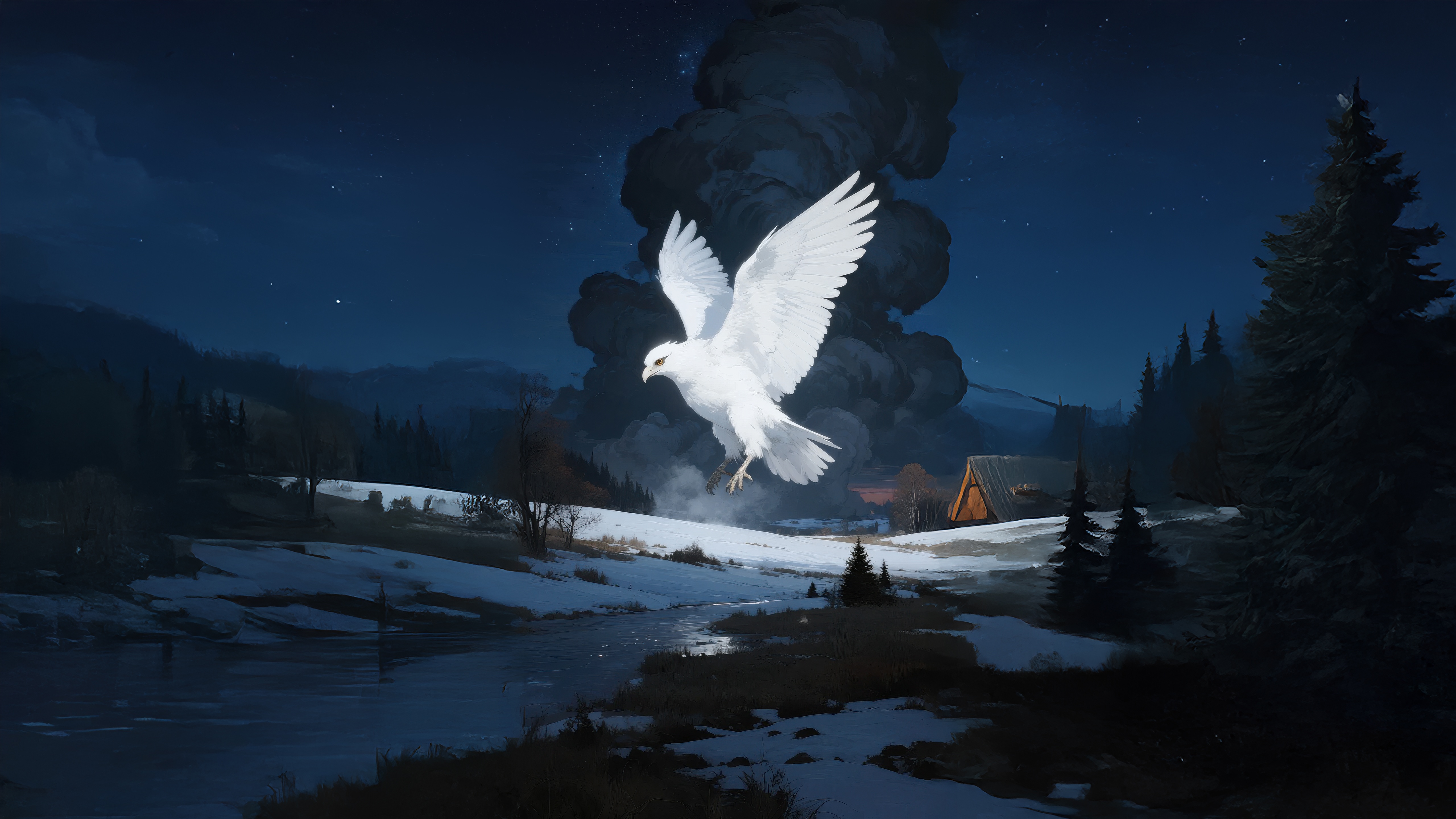 White Dove in a Snowy Landscape at Night HD Wallpaper