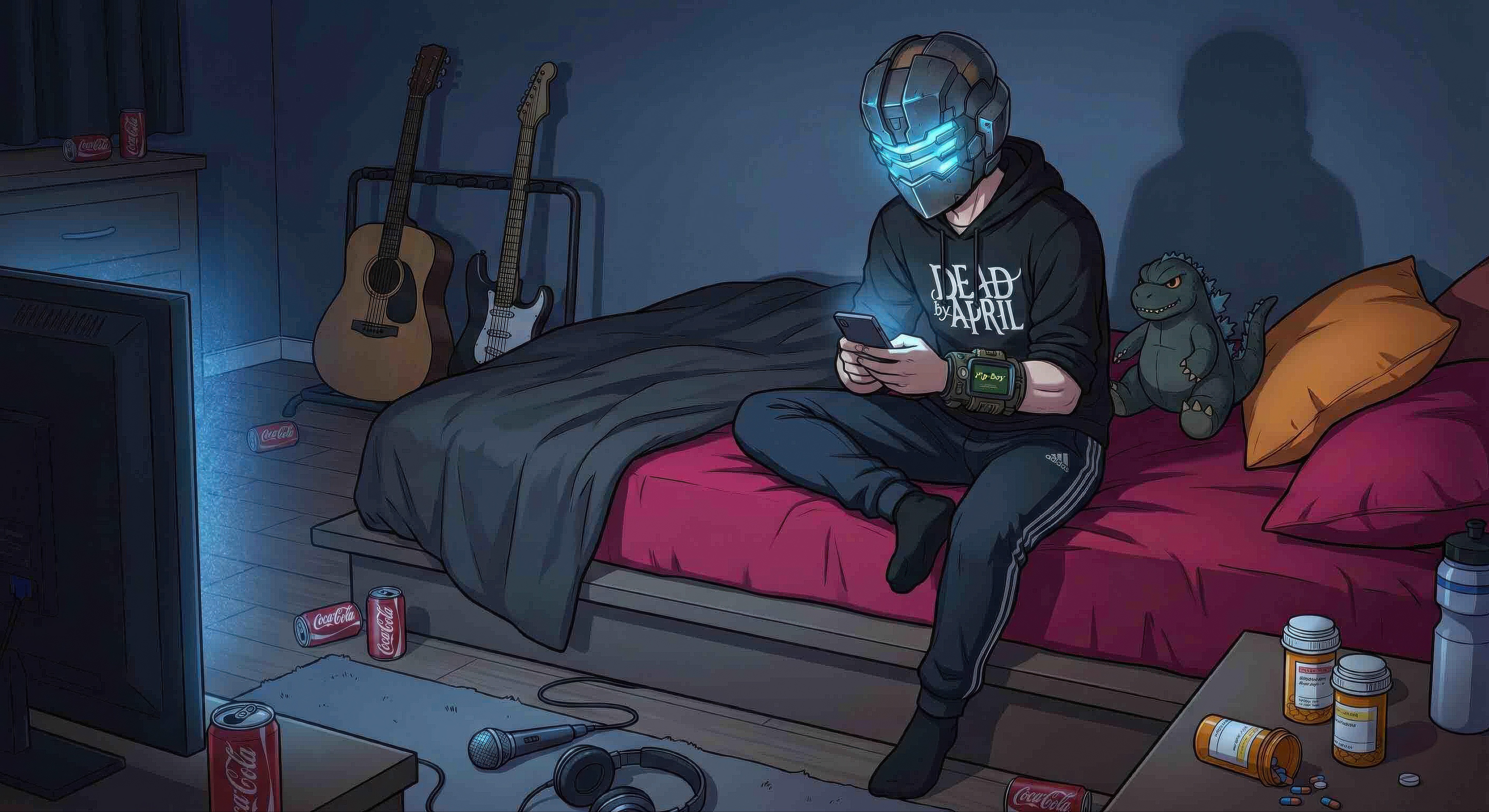 Man in Dead by April hoodie and helmet on bed HD Wallpaper