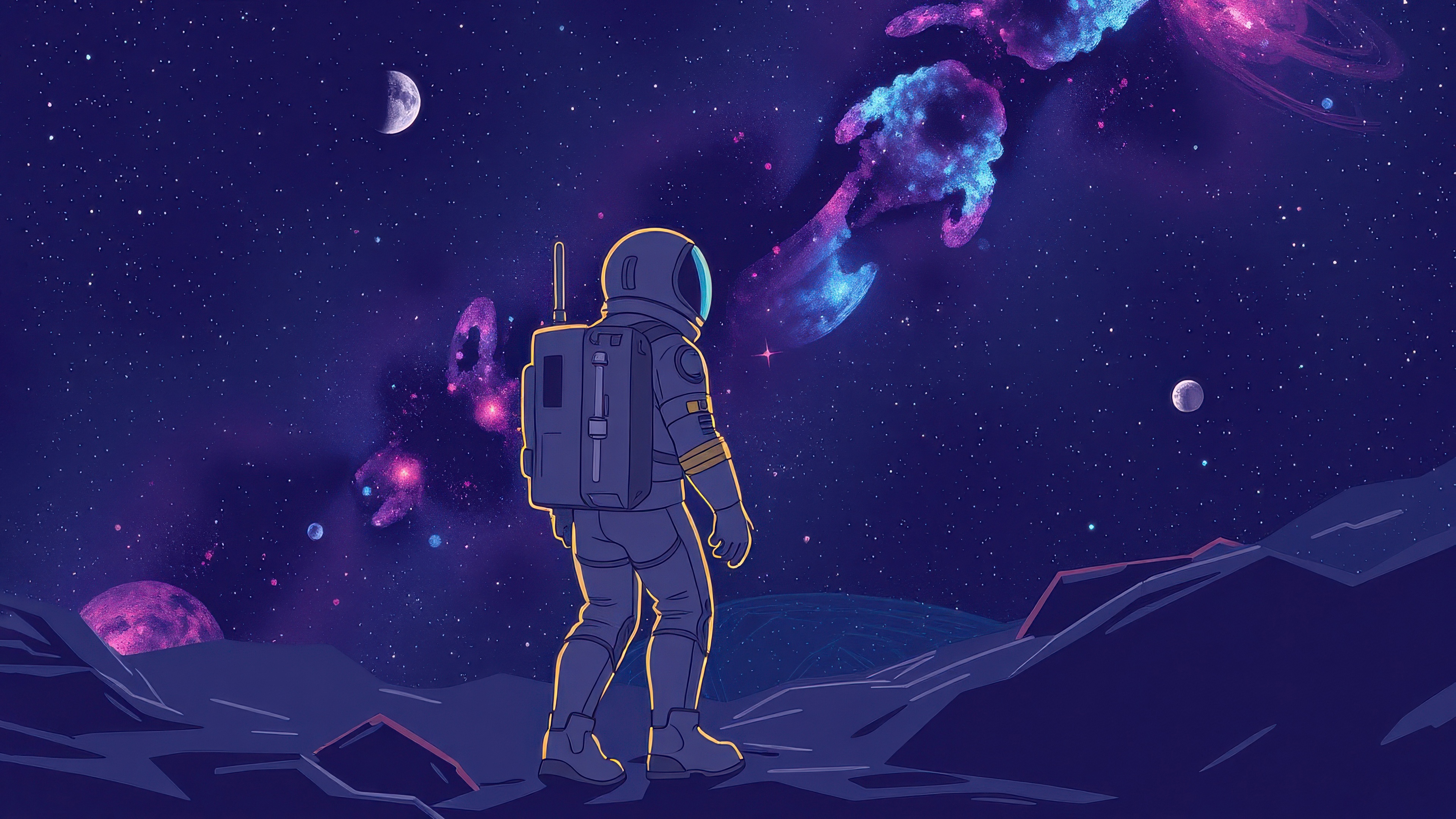 Astronaut on a rocky planet looking at nebulae HD Wallpaper