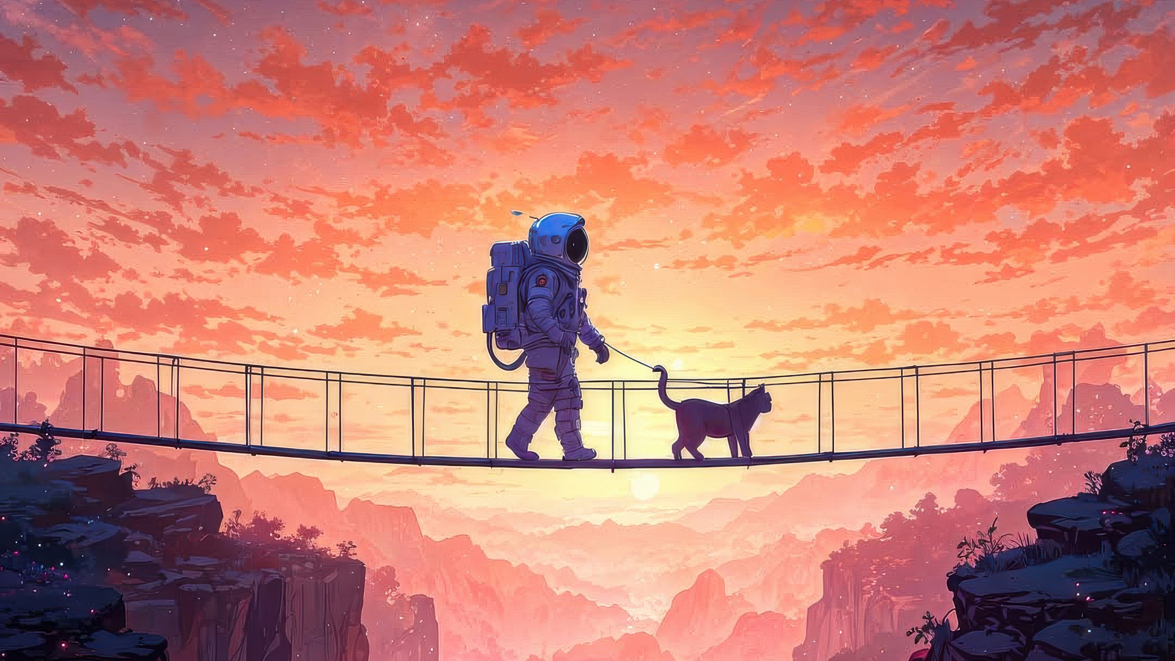 Astronaut and cat walking on a bridge at sunset HD Wallpaper