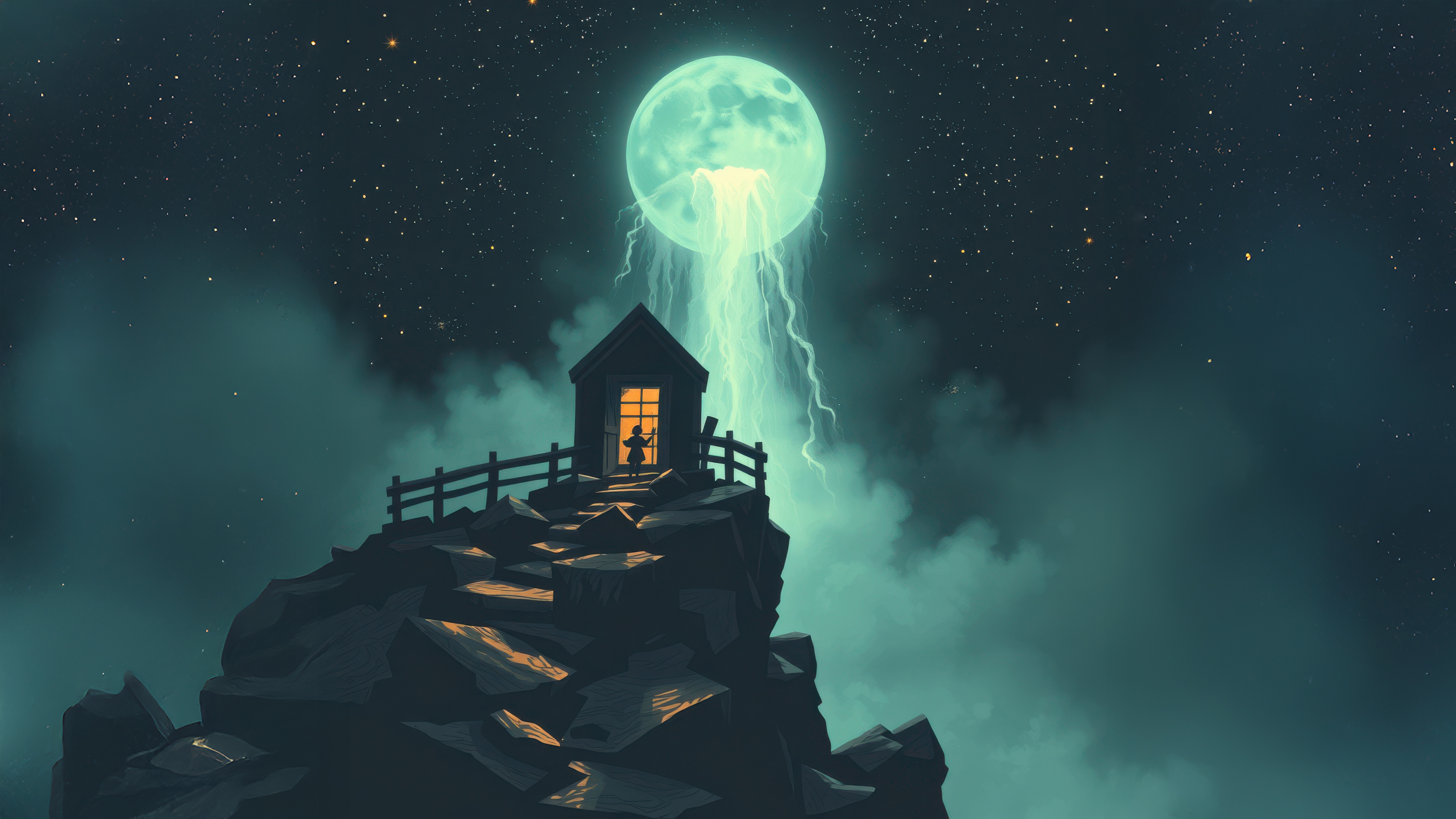 House On Mountain With Jellyfish Moon HD Wallpaper