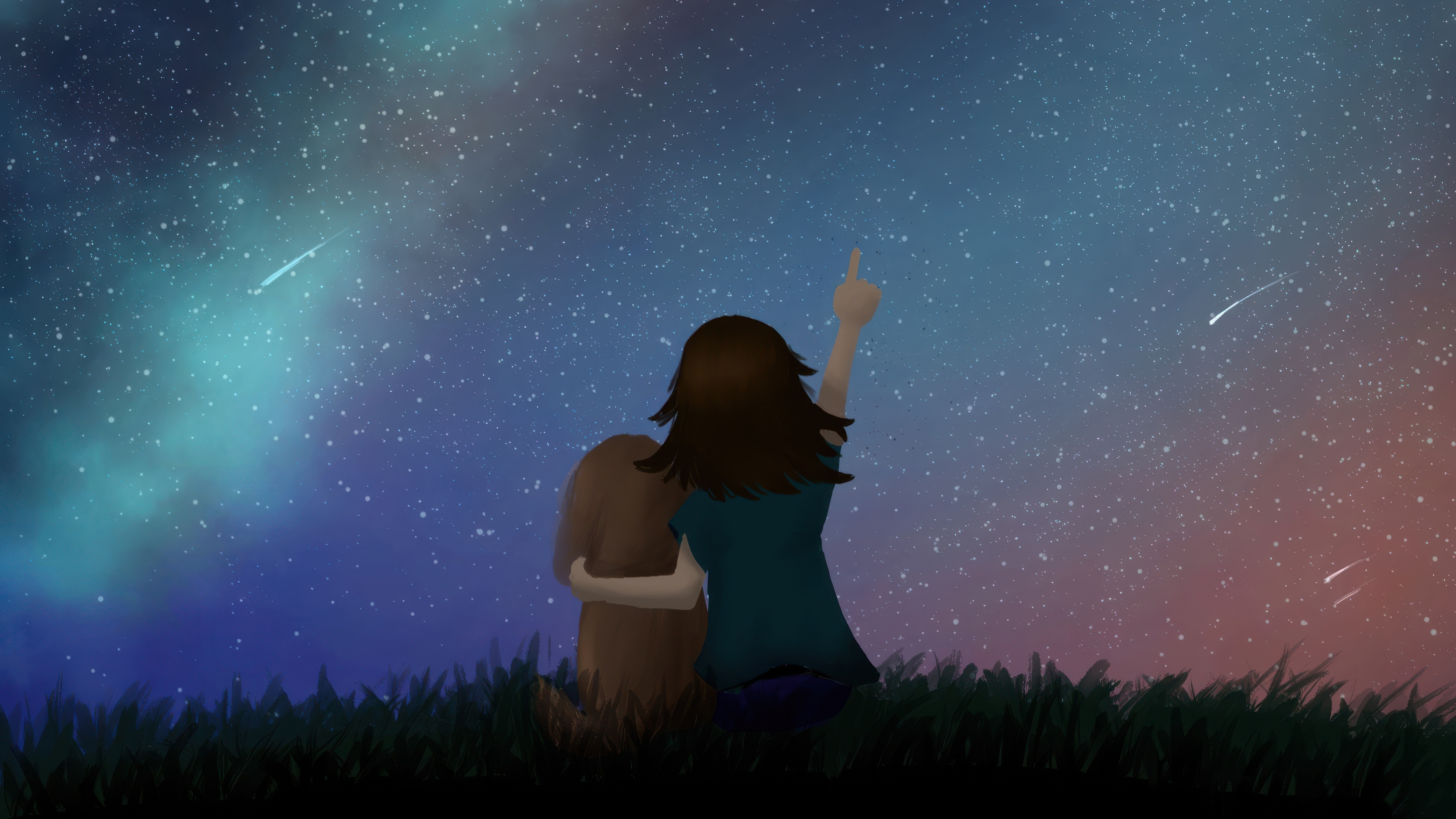 Girl and dog watching shooting stars HD Wallpaper