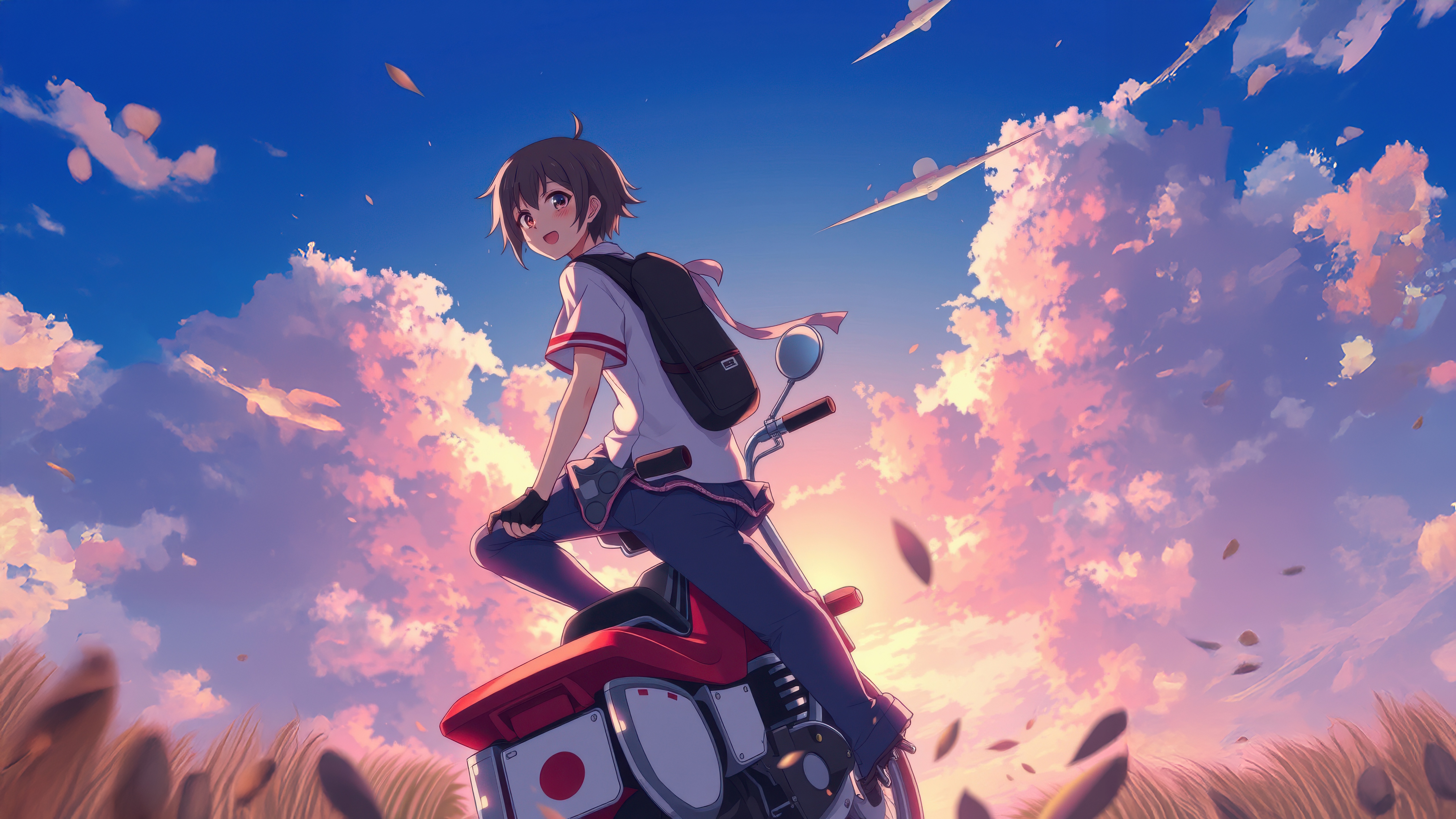 Anime boy riding a motorcycle at sunset HD Wallpaper