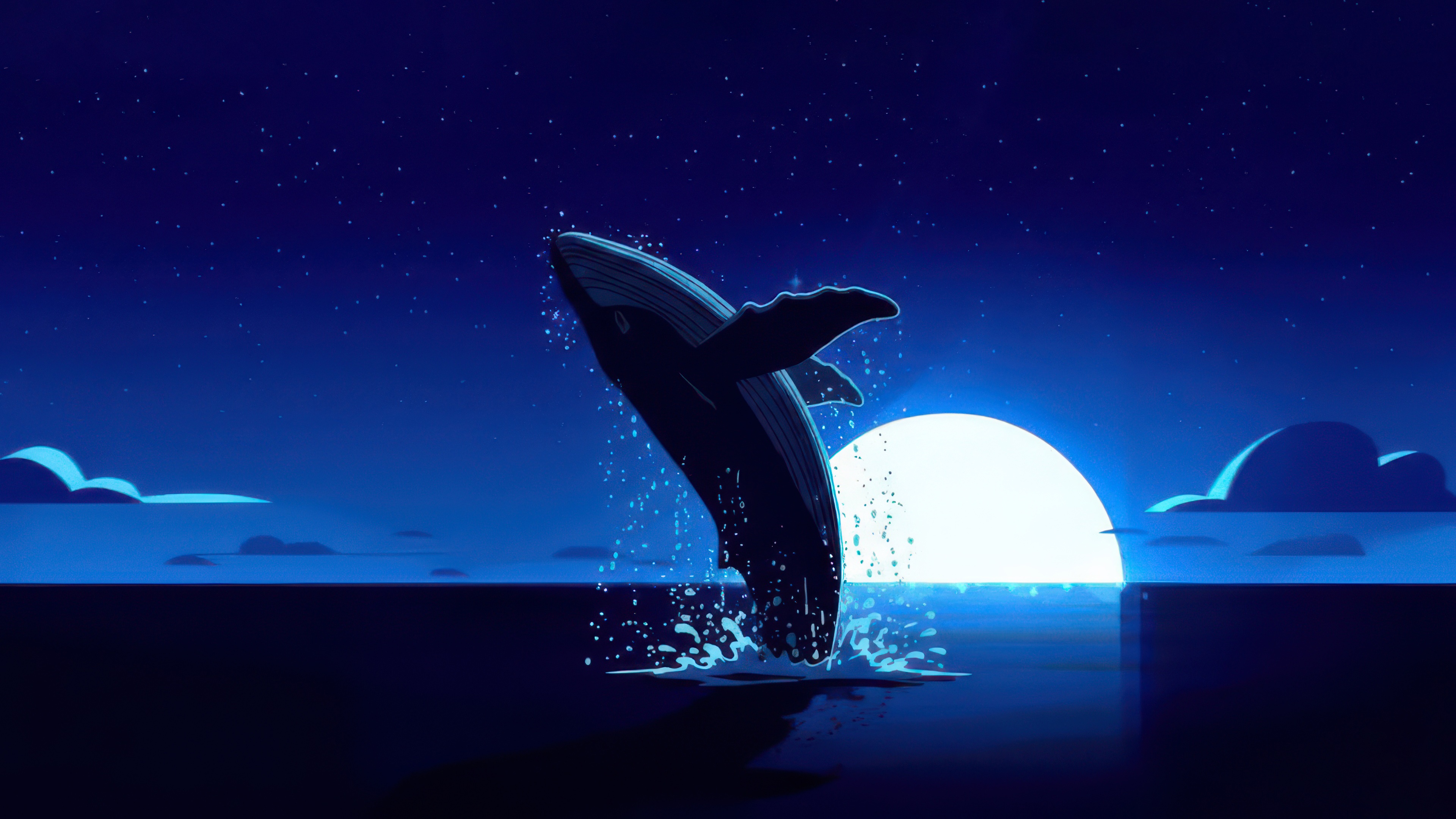 Whale jumping out of the ocean at night HD Wallpaper